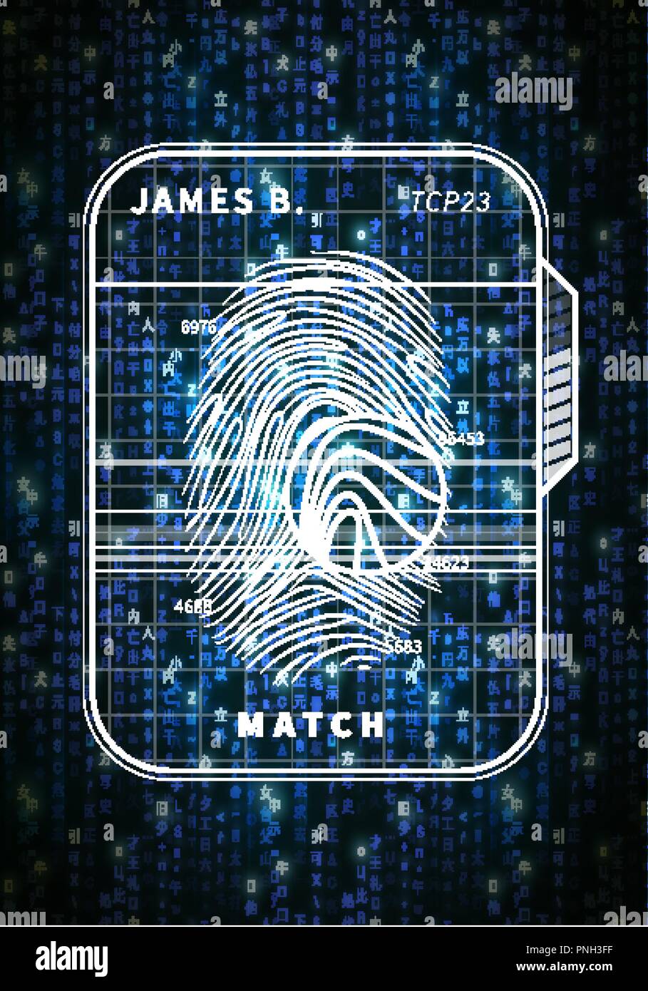 Fingerprint futuristisches Konzept auf Blue Matrix Symbole Scannen Stock Vektor