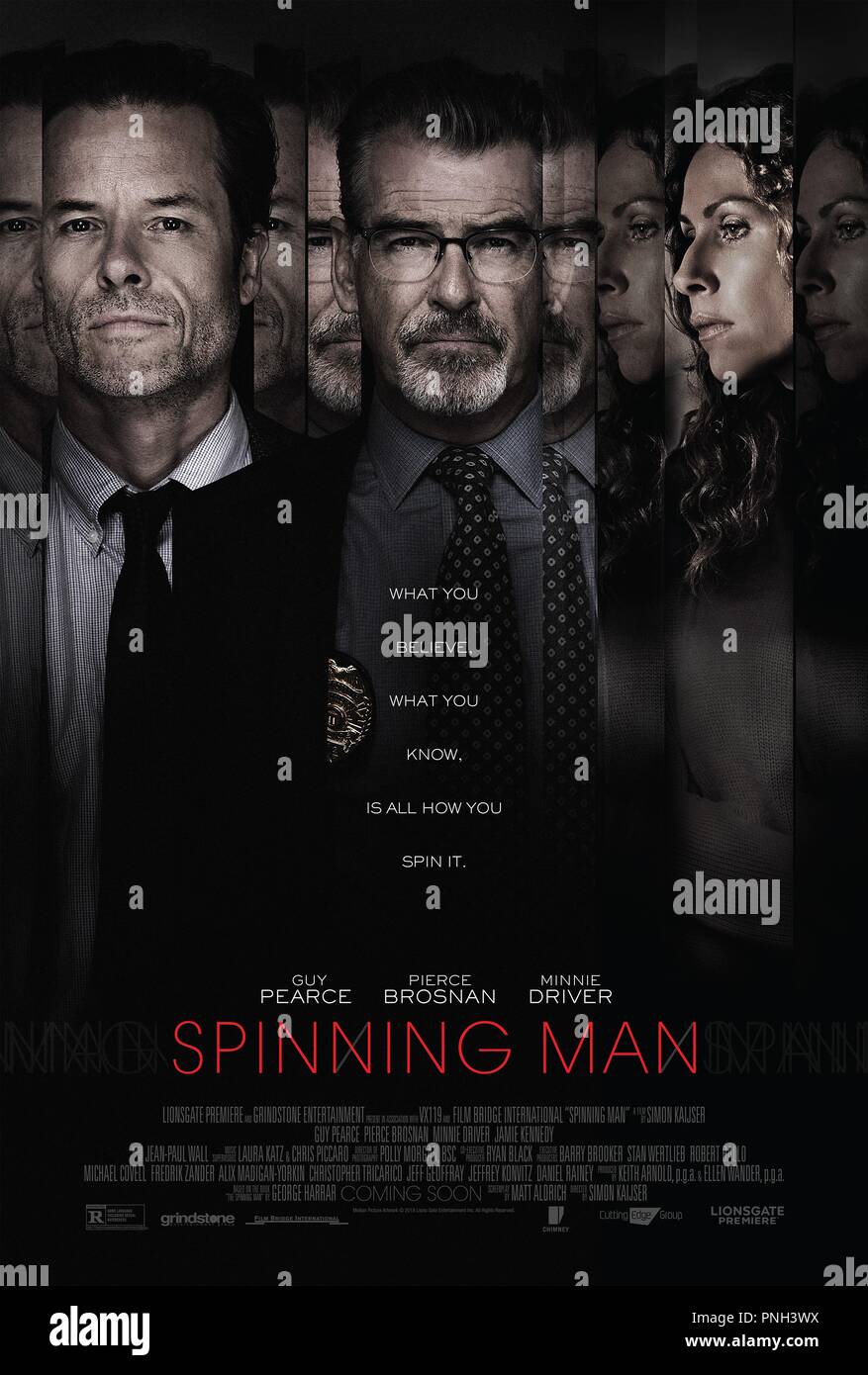 RELEASE DATE: April 6, 2018 Title: Spinning Mann Studio: SUNFILM Entertainment Regie: Simon Kaijser PLOT: eine glücklich verheiratete Professor, für viele Angelegenheiten mit den Studierenden bekannt ist, wird der Hauptverdächtige, als eine junge Frau verloren gegangen ist. STARRING: PIERCE BROSNAN als Malloy, Guy Pearce als Evan Birke Poster Art (Credit Bild: © lionsgate/Entertainment Bilder) Stockfoto