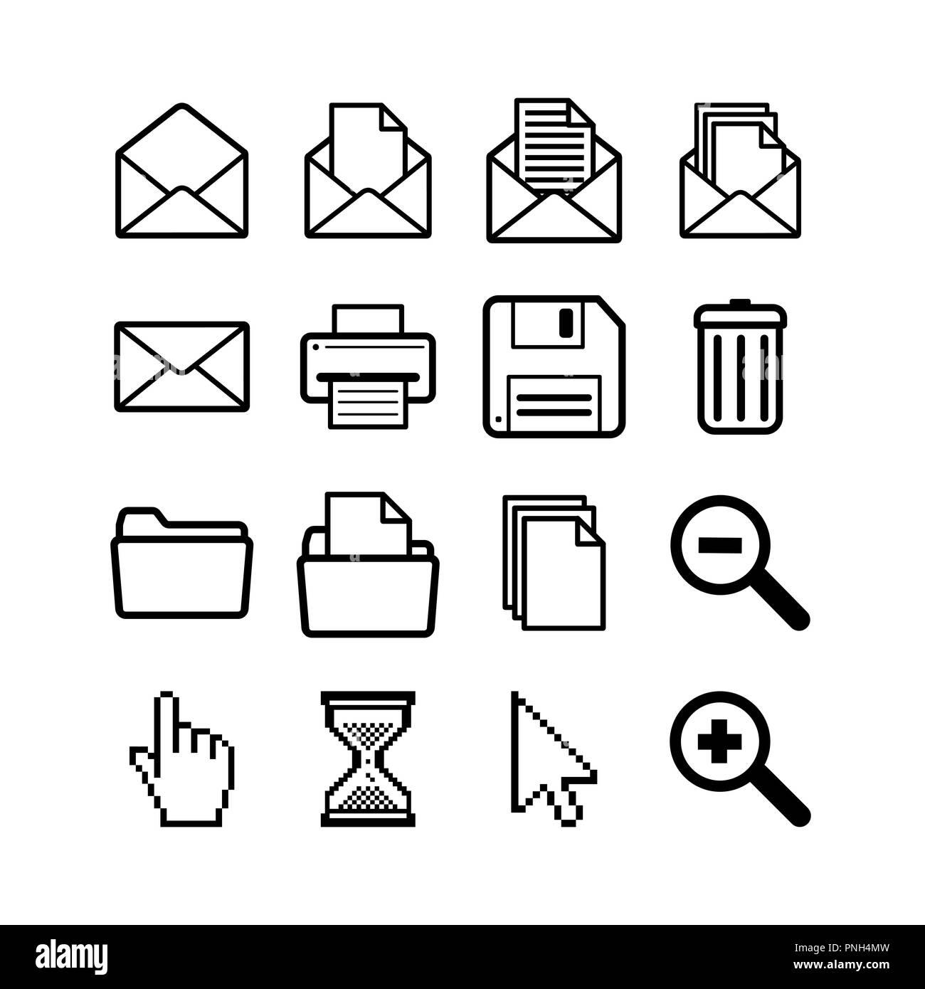 Allgemeine Benutzeroberfläche Piktogramme für gemeinsame Operationen wie Öffnen, Speichern, Drucken und Löschen, einfache schwarze Symbole auf Weiß Stock Vektor