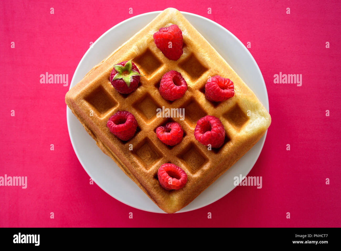 Belgische Waffeln mit Himbeeren auf rotem Hintergrund Stockfoto
