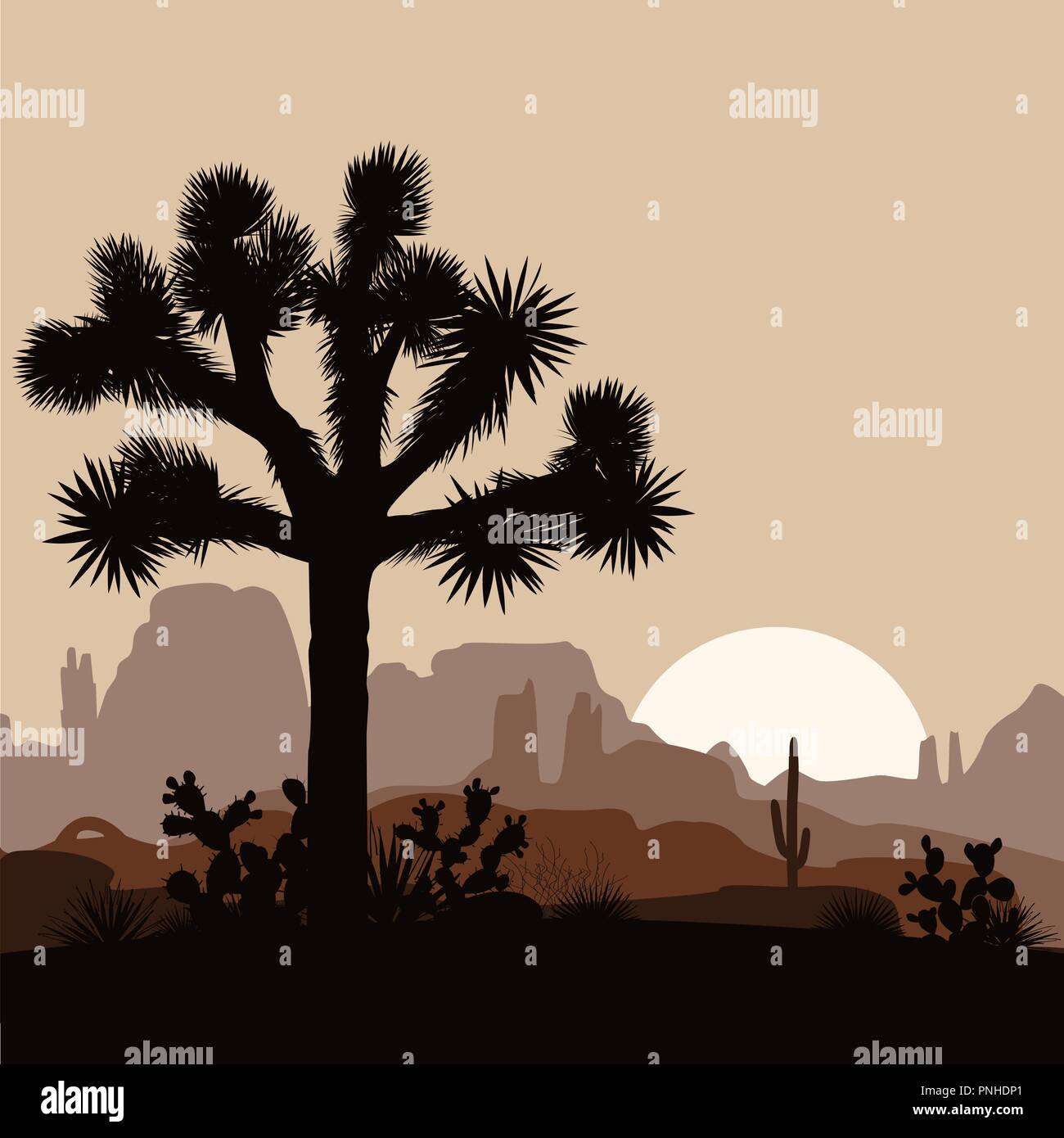 Morgen Landschaft mit Joshua Tree, Feigenkaktus, und Berge über sunrise. Vector Illustration. Stock Vektor