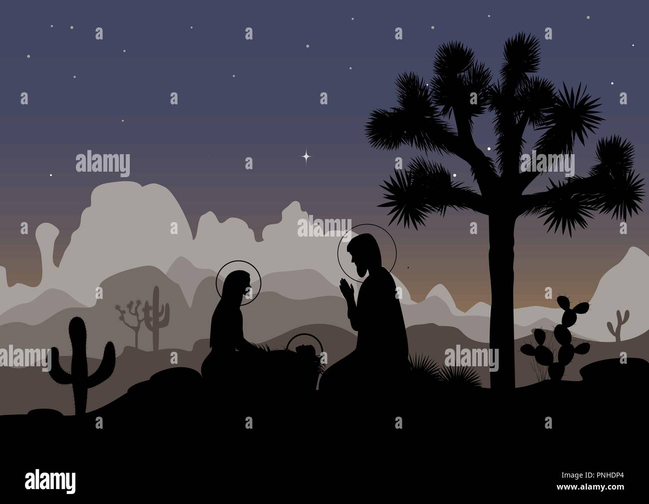 Ungewöhnliche Krippe mit mexikanischen Nacht Landschaft. Hl. Familie, Joshua Tree, Kaktus, und die Berge Silhouetten. Vector Illustration, Mary, Jesus, ein Stock Vektor