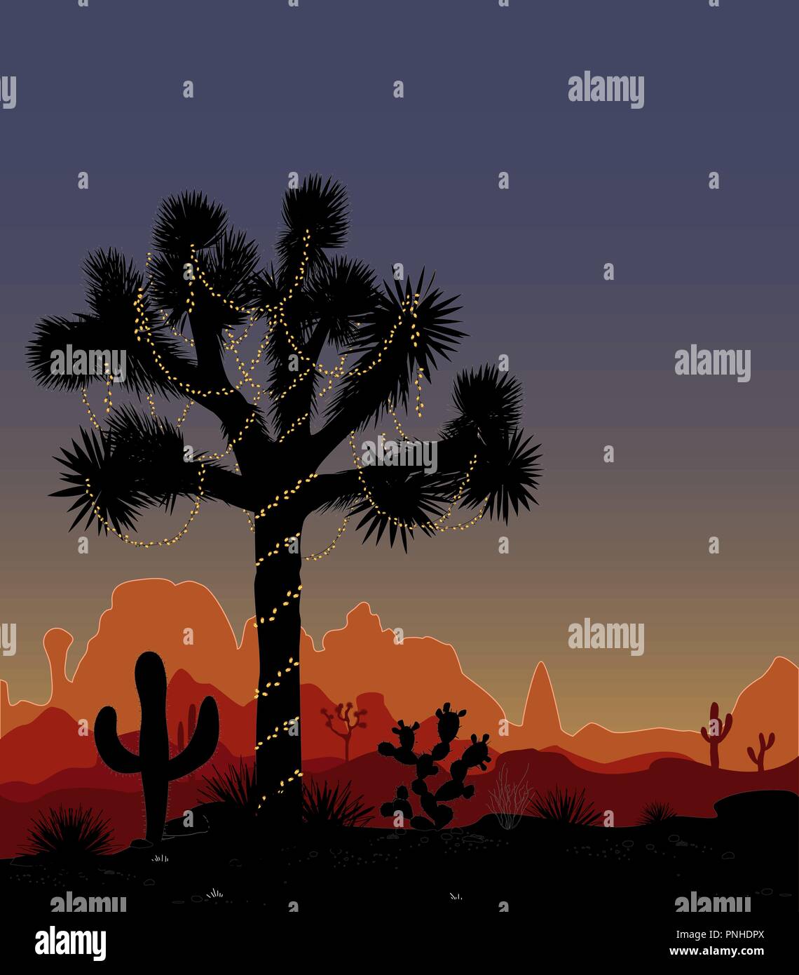 Joshua Baum mit einer Lichterkette geschmückt. Cactil Mountaind, dekoriert, Weihnachten Lichter und Nachthimmel. Mexiko neues Jahr. Vector Illustration Stock Vektor