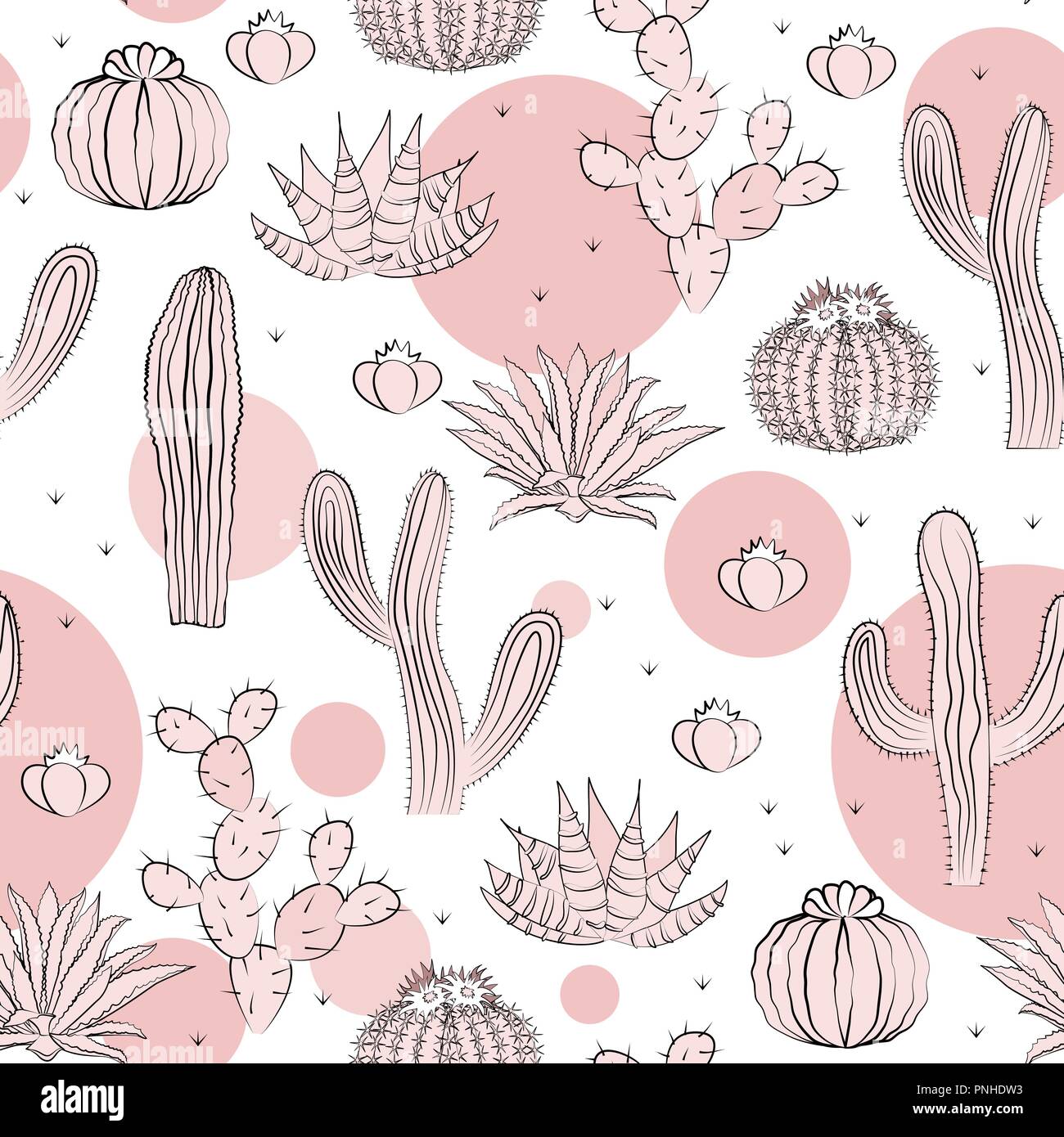 Nahtlose Muster mit Kakteen. Wild cactus Wald mit Doodle kreisen. Stilvolle Rosa, schwarze und weiße Palette. Vector Illustration Stock Vektor