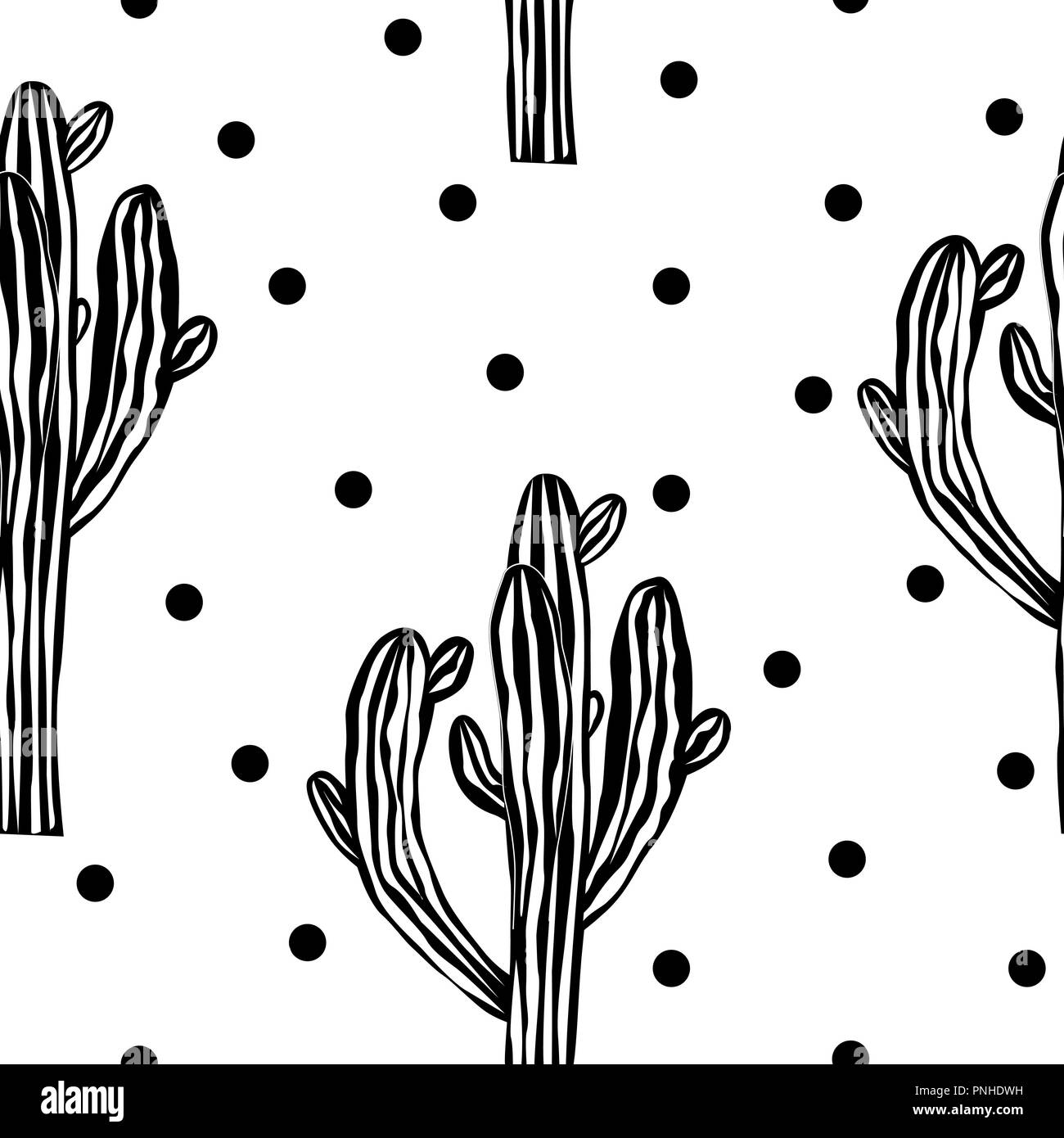 Cute Cactus nahtlose Vektor Muster mit Saguaro und Doodle punkten. Kakteen Stoff print Design. Saftige textile Oberfläche. Vector Illustration. Stock Vektor