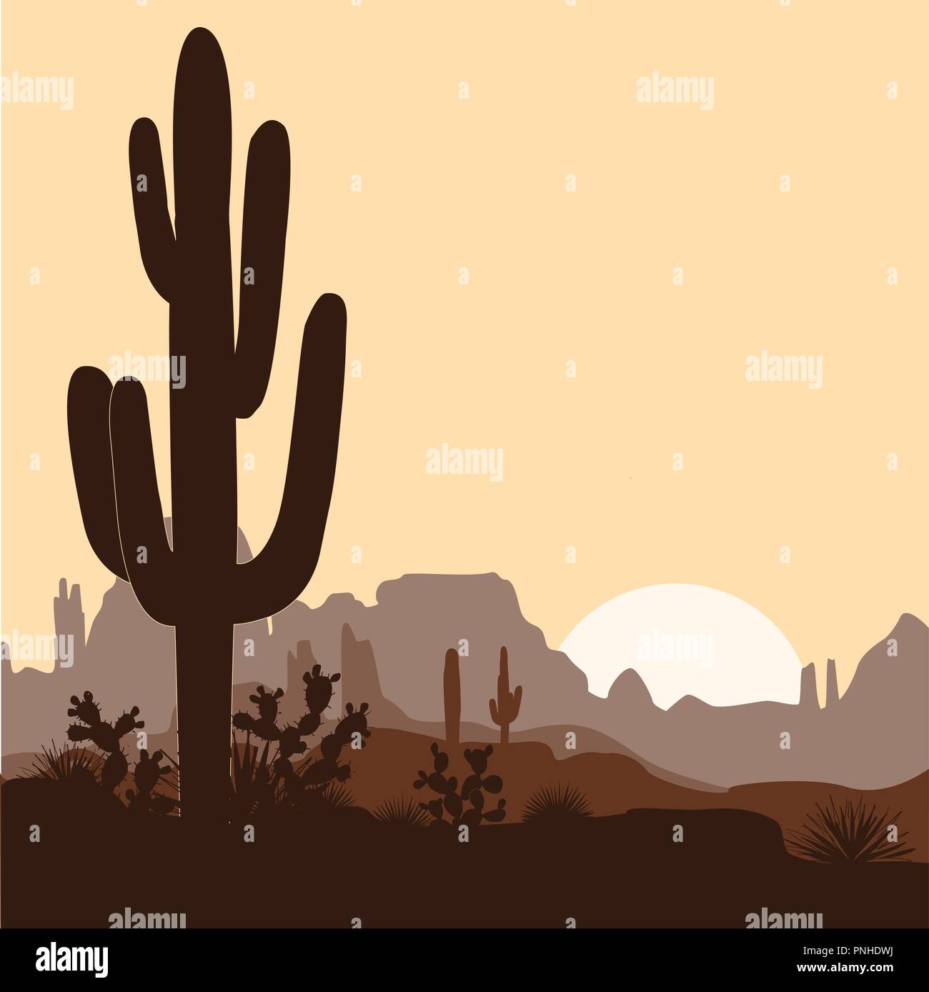 Morgen Landschaft mit Saguaro Kakteen, Agaven und Feigenkakteen, in den Bergen. Vector Illustration. Cute braun Palette, Platz für Text Stock Vektor