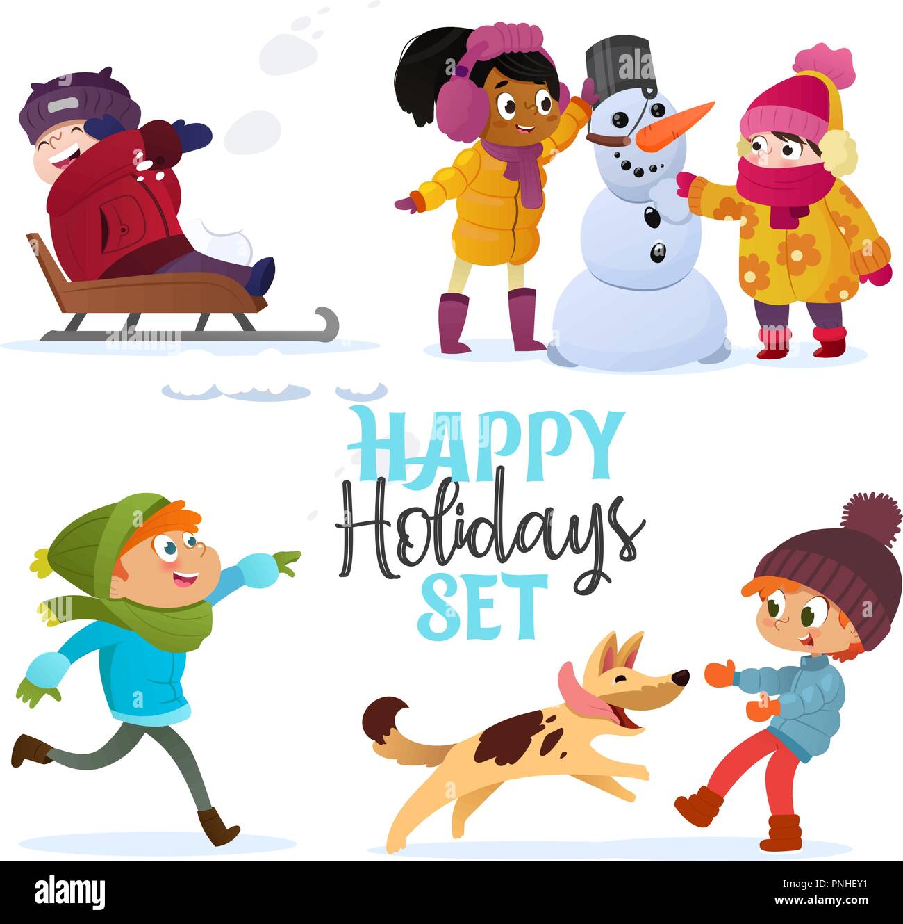 Multirassischen Set Kinder spielen im Winter. Mädchen und Jungen, Schneemann, spielende Kinder in Schneebälle, Rodeln, spielen mit Hund. Spaß im Freien auf Weihnachten Urlaub oder Ferien. Vector Illustration Stock Vektor