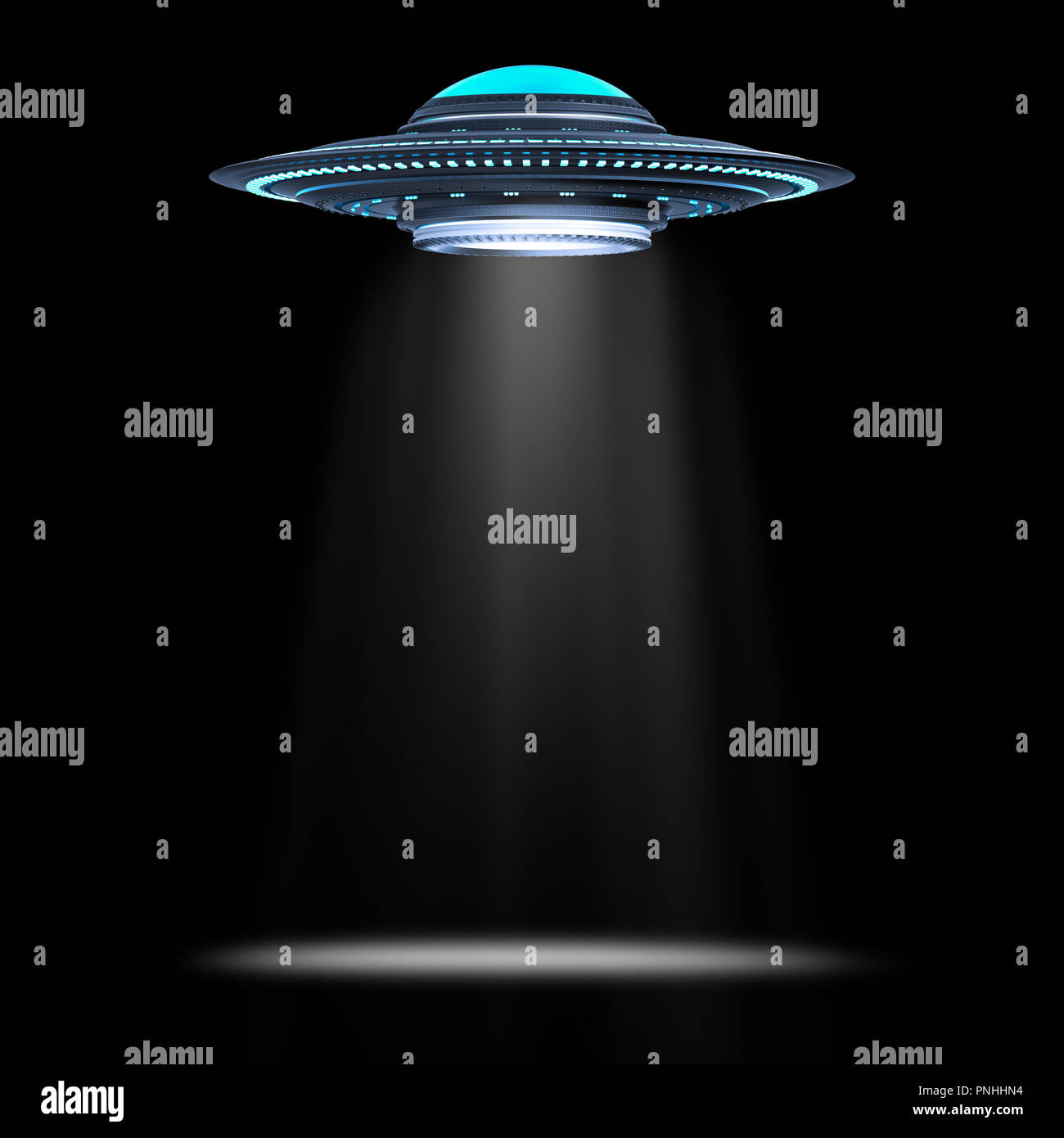 3D-rendering Metall Ufo oder außerirdisches Raumschiff auf schwarzem Hintergrund Stockfoto