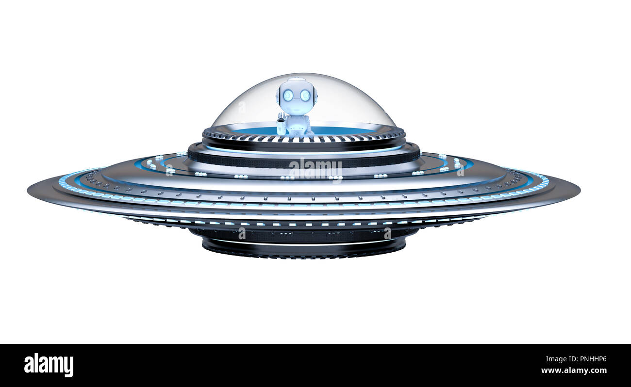 3D-rendering Metall Ufo oder außerirdisches Raumschiff mit Roboter isoliert auf weißem Stockfoto