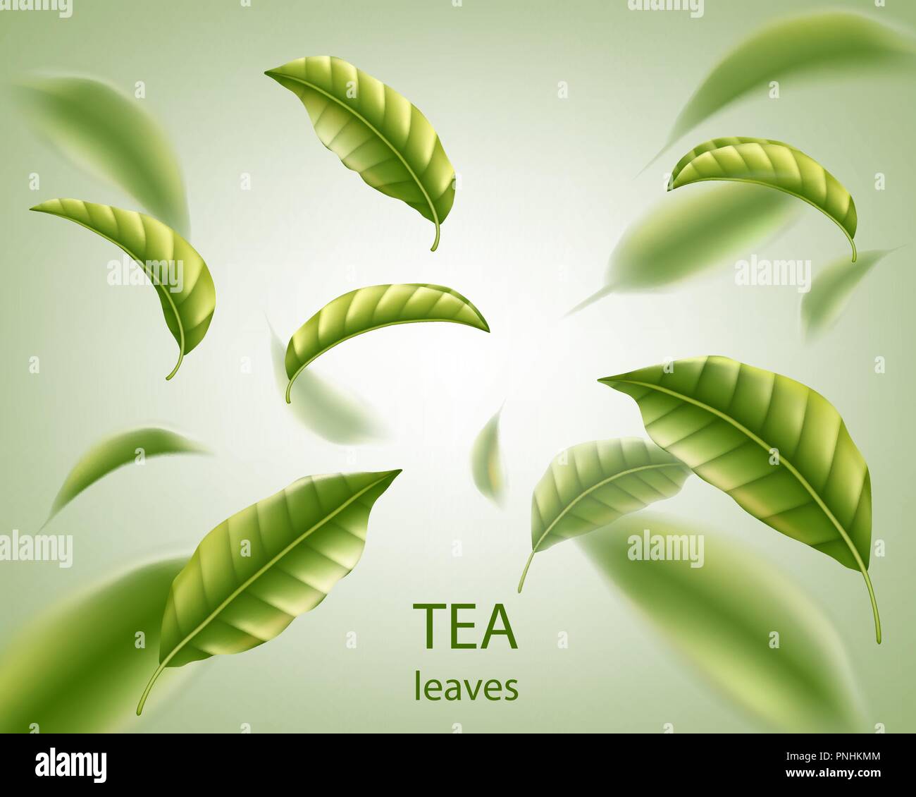 Realistische Teeblätter Hintergrund. Grüne Blätter tee Wirbel in der Luft für Design, Werbung und Verpackung. Vector Illustration. Stock Vektor