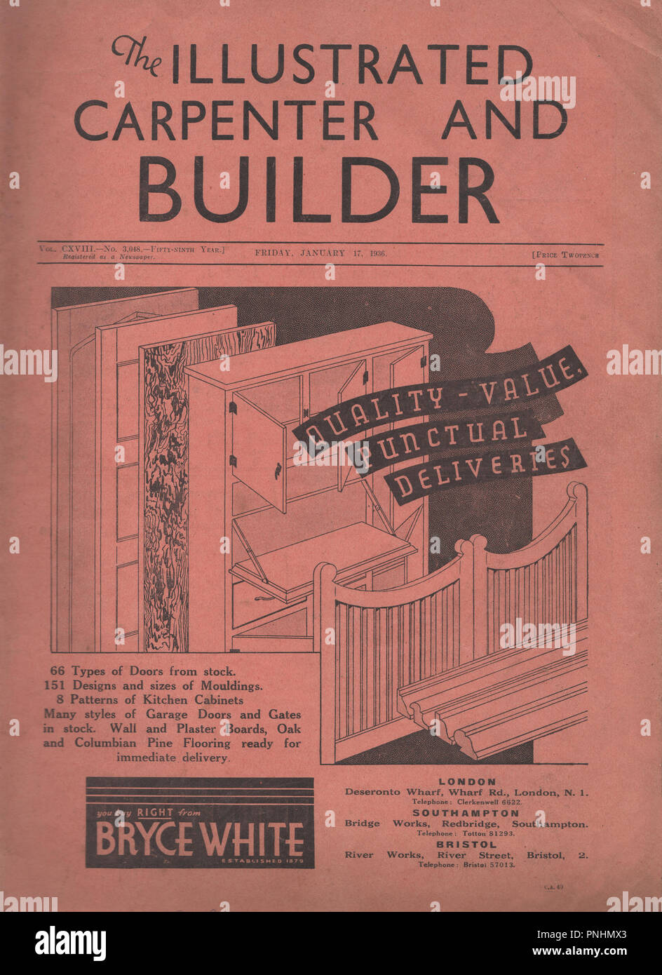 Jahrgang die Illustrierte Tischler und Builder Magazine vom 17. Januar 1936 Eine beliebte wöchentliche Gebäude Fachzeitschrift erstmals im Jahre 1877 veröffentlicht und lief bis 1971 Stockfoto