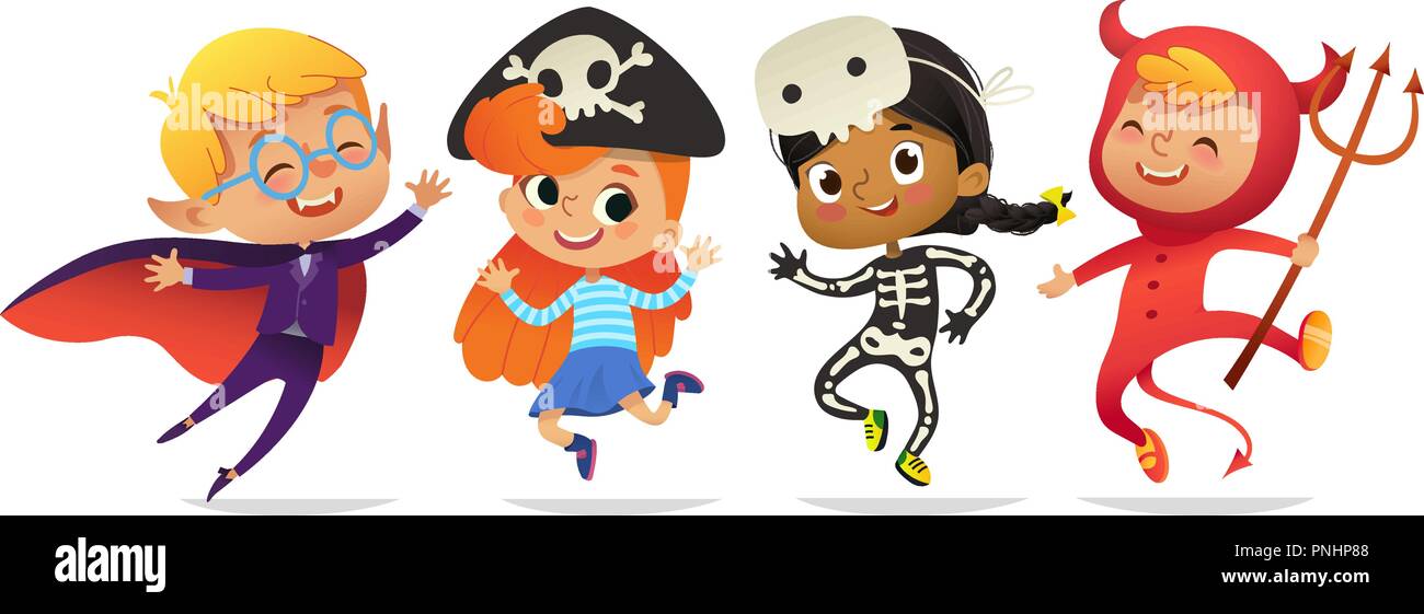 Satz von Multirassischen Jungen und Mädchen, tragen Halloween Kostüme isoliert auf weißem Hintergrund. Cartoon vektor Zeichen von Kid Hexe, Pirat, Dracula, Teufel, Skelett, Mumie, für Party, Web, Maskottchen Stock Vektor