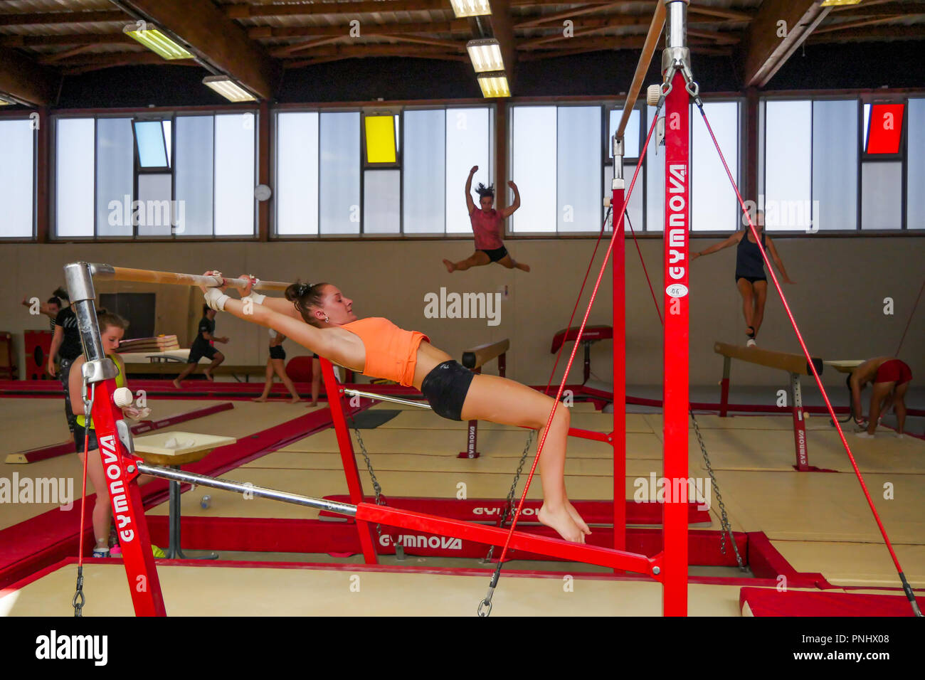 Junge weibliche Gymnasts, Villeurabnne, Frankreich Stockfoto