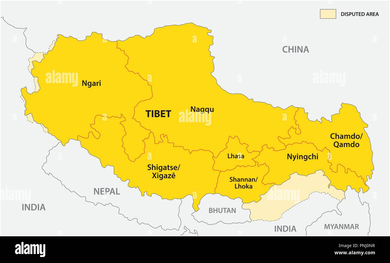Tibet administrative und politische Vektorkarte mit umstrittenen Grenzgebieten. Stock Vektor