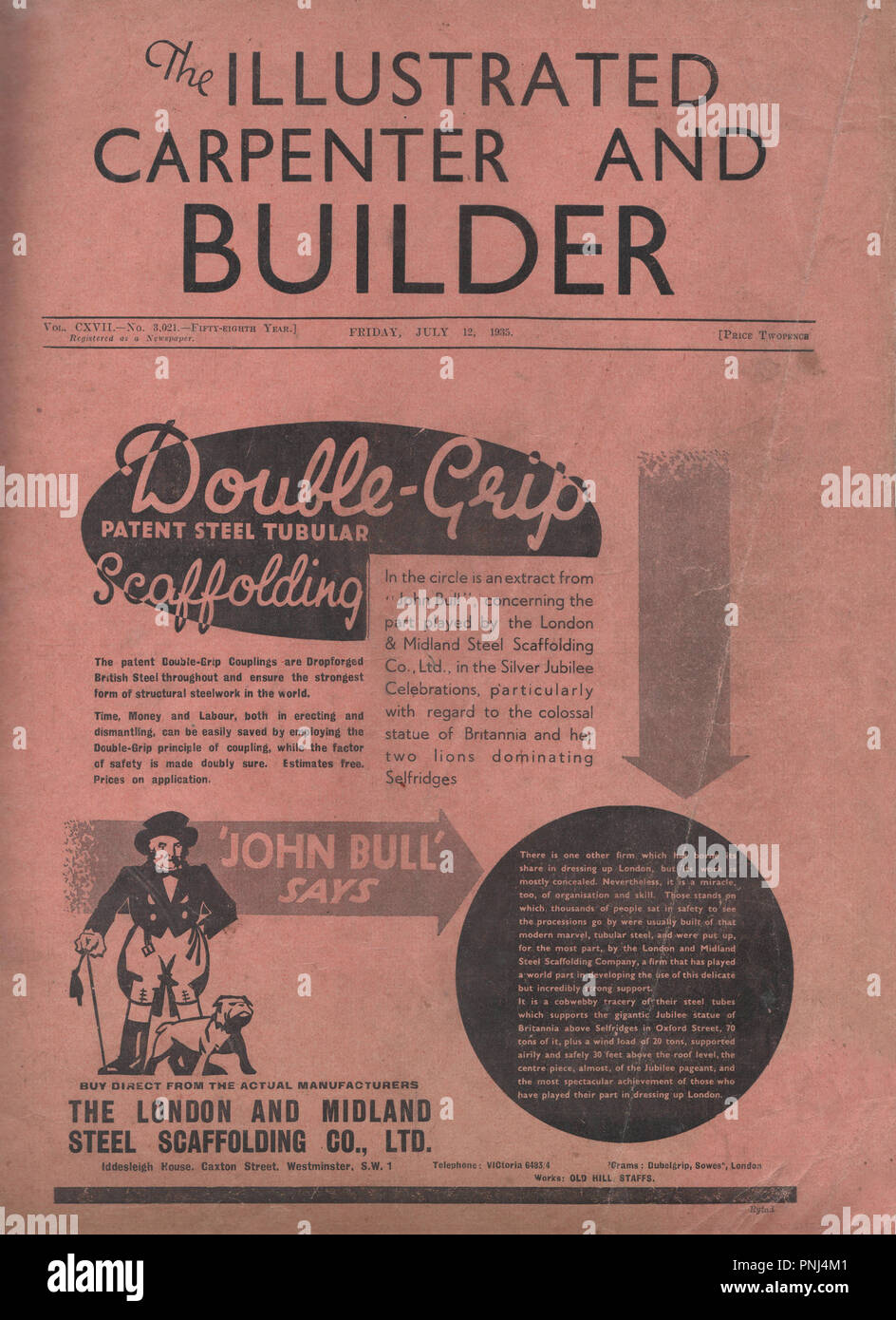 Jahrgang die Illustrierte Tischler und Builder Magazine vom 12. Juli 1935 Eine beliebte wöchentliche Gebäude Fachzeitschrift erstmals im Jahre 1877 veröffentlicht und lief bis 1971 Stockfoto