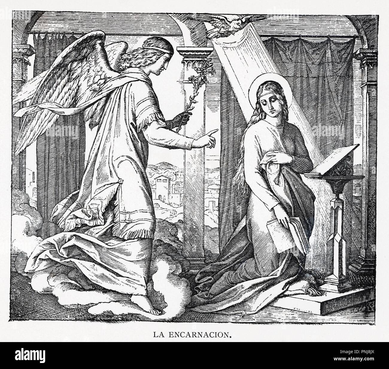 LA ENCARNACION. Grabado de 1889. Álbum de Historia Sagrada (La Santa Biblia en imágenes). Dibujo de Julio Schnorr von Carolsfeld. Stockfoto