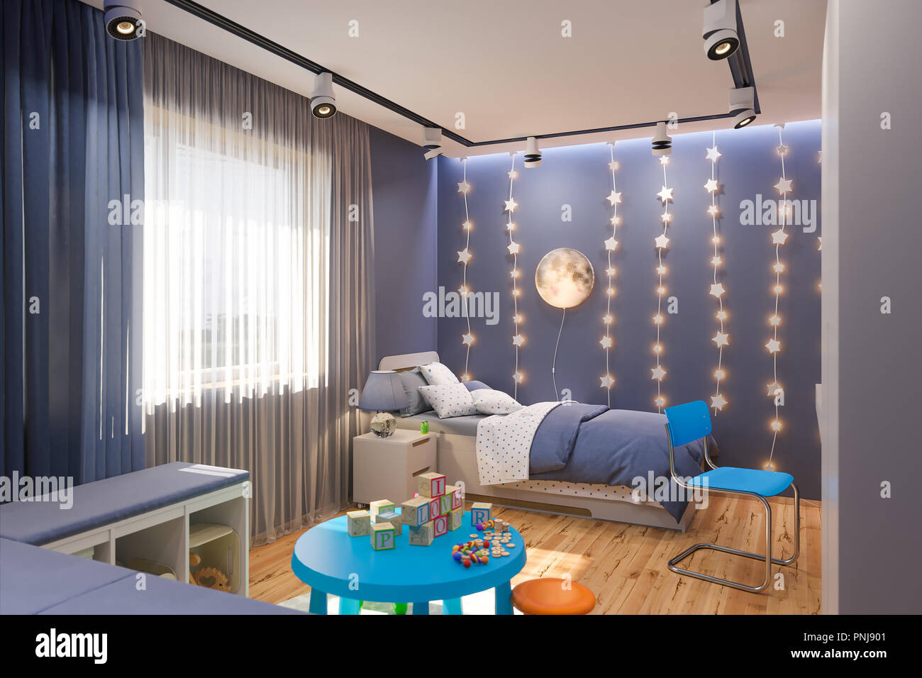 3D-Render von Schlafzimmer für die Kinder in tiefem Blau. Visualisierung  des Konzepts der Inneneinrichtung Kinderzimmer für Jungen in das Thema  Weltraum Stockfotografie - Alamy
