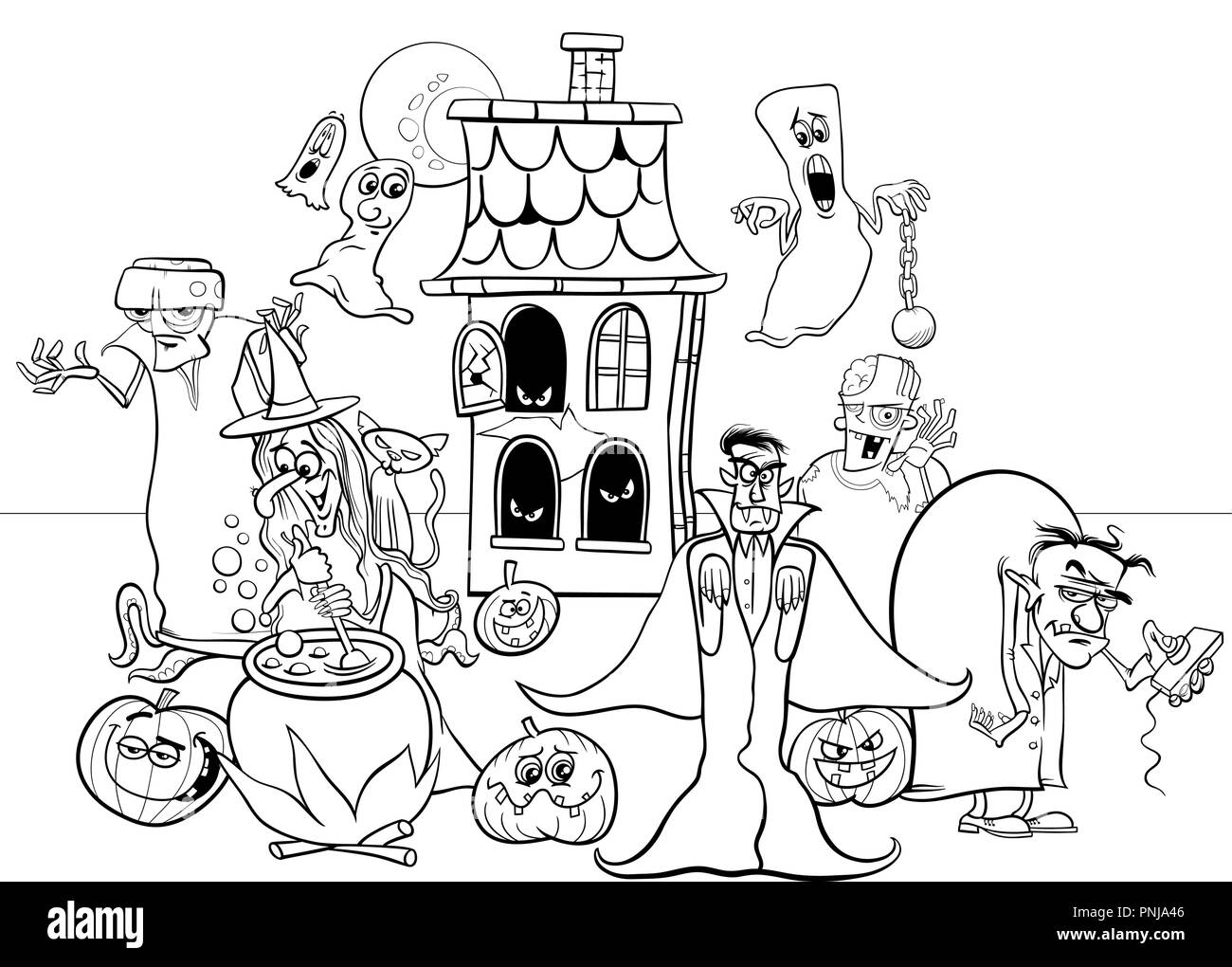 Schwarze und Weiße Cartoon Illustration von Halloween Urlaub lustige Figuren Gruppe Malbuch Stock Vektor
