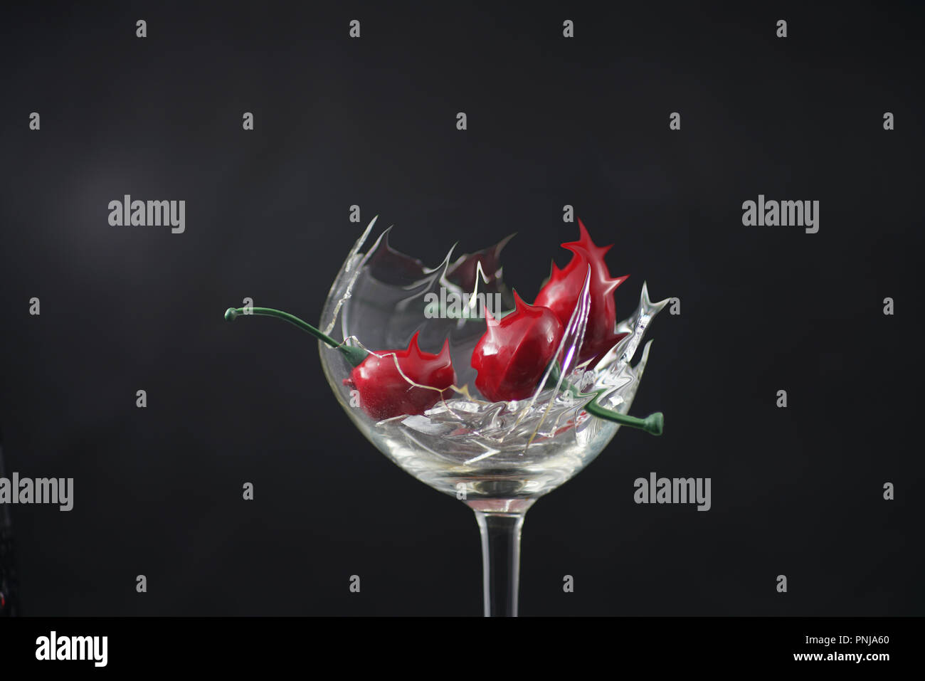 Glasscherben vor schwarzem Hintergrund unter dem Namen Glasscherben cocktail fotografiert. Stockfoto