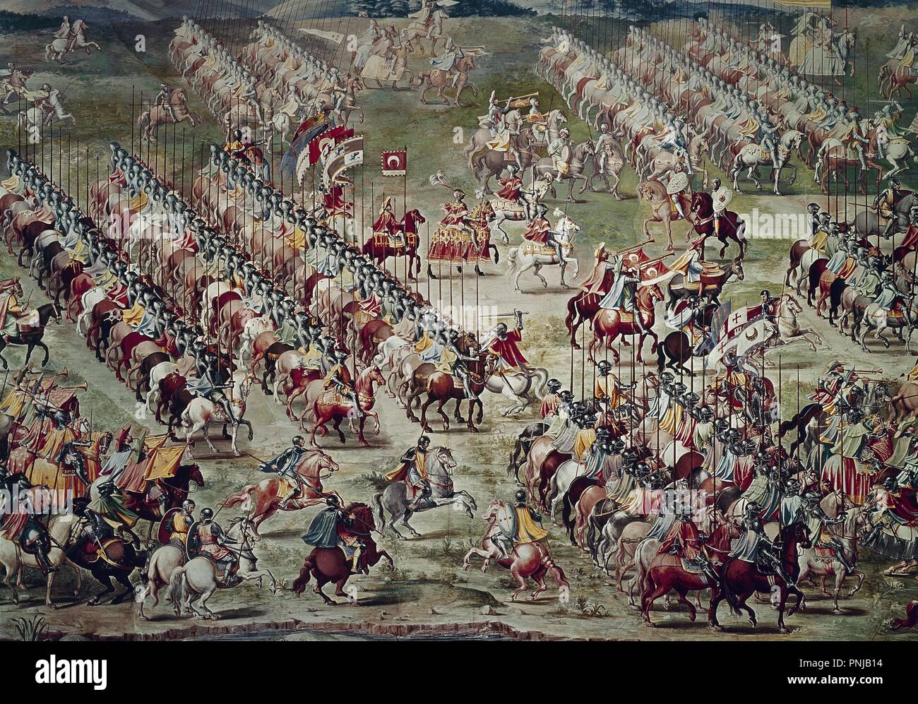 BATALLA DE LA HIGUERUELA 1431 - PINTADA EN 1585 - ANTES DE LA RESTAURACION. Autor: GRANELLO - TAVARON - CASTELLO Y CAMBIASSO. Lage: MONASTERIO - PINTURA. SAN LORENZO DEL ESCORIAL. MADRID. Spanien. Stockfoto