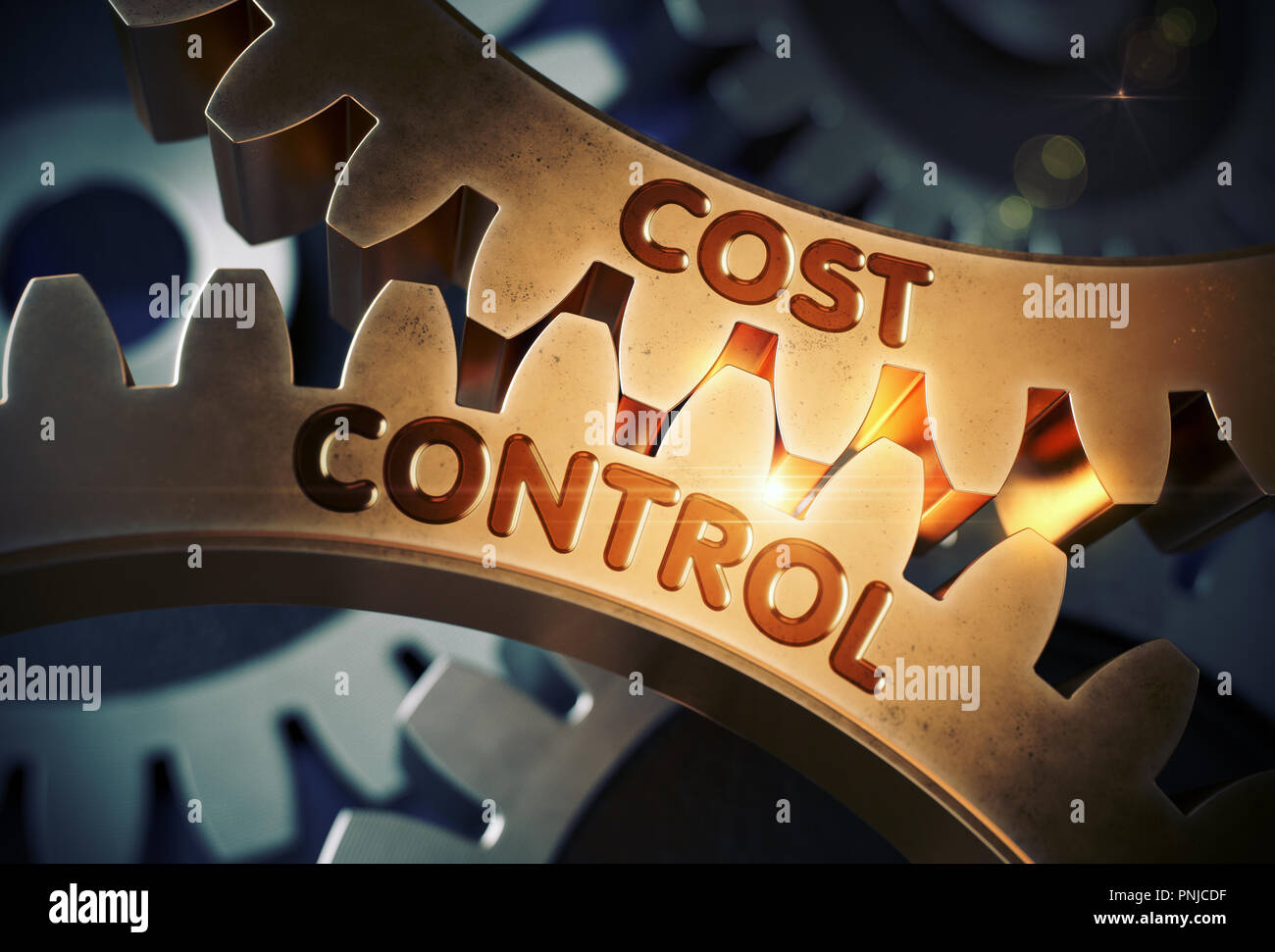 Goldene Zahnrad Zahnräder mit Cost Control Konzept. 3D-Darstellung. Stockfoto