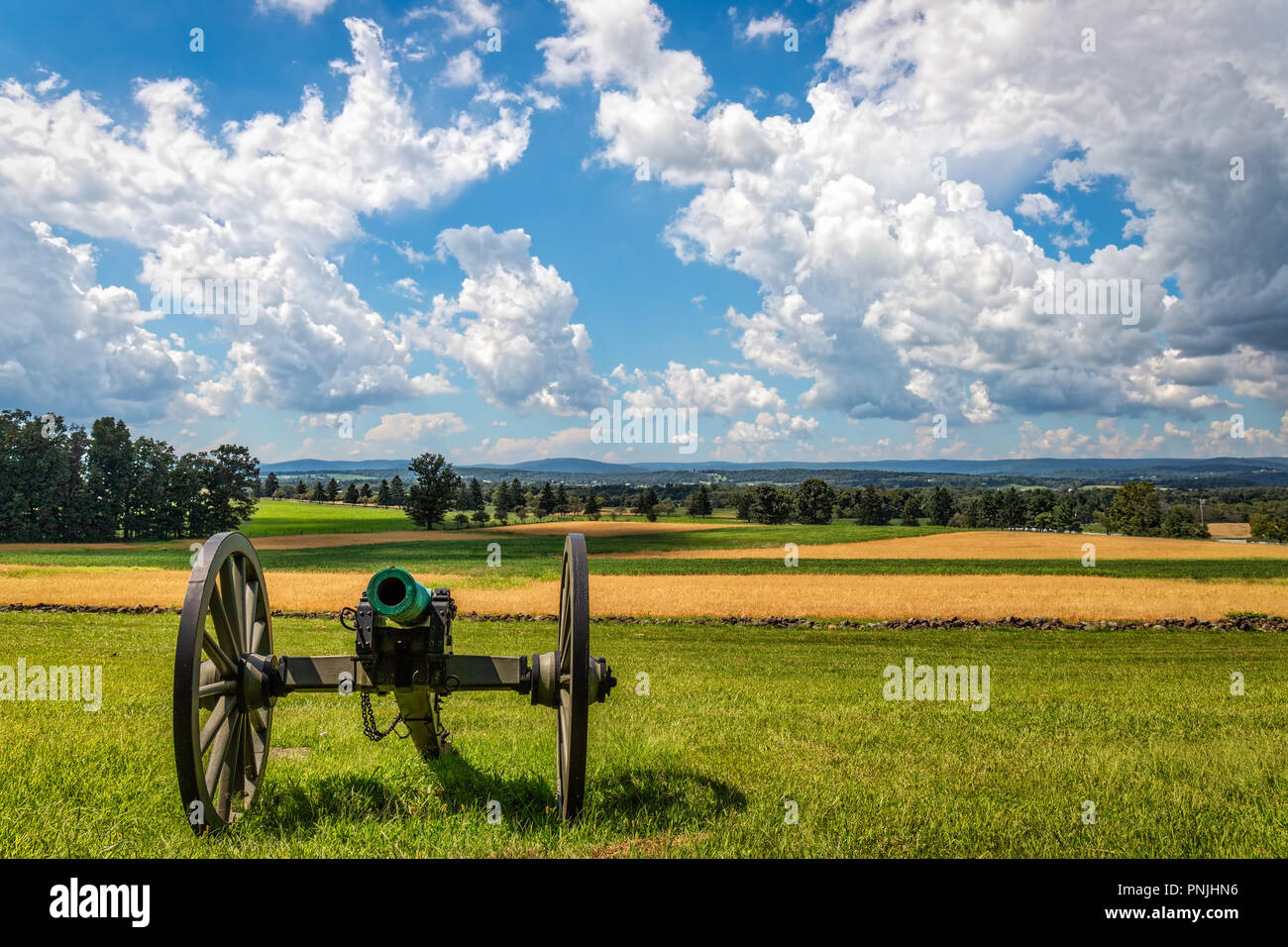 Ein Amerikanischer Bürgerkrieg Kanone sitzt auf einem Feld in Pennsylvania. Stockfoto