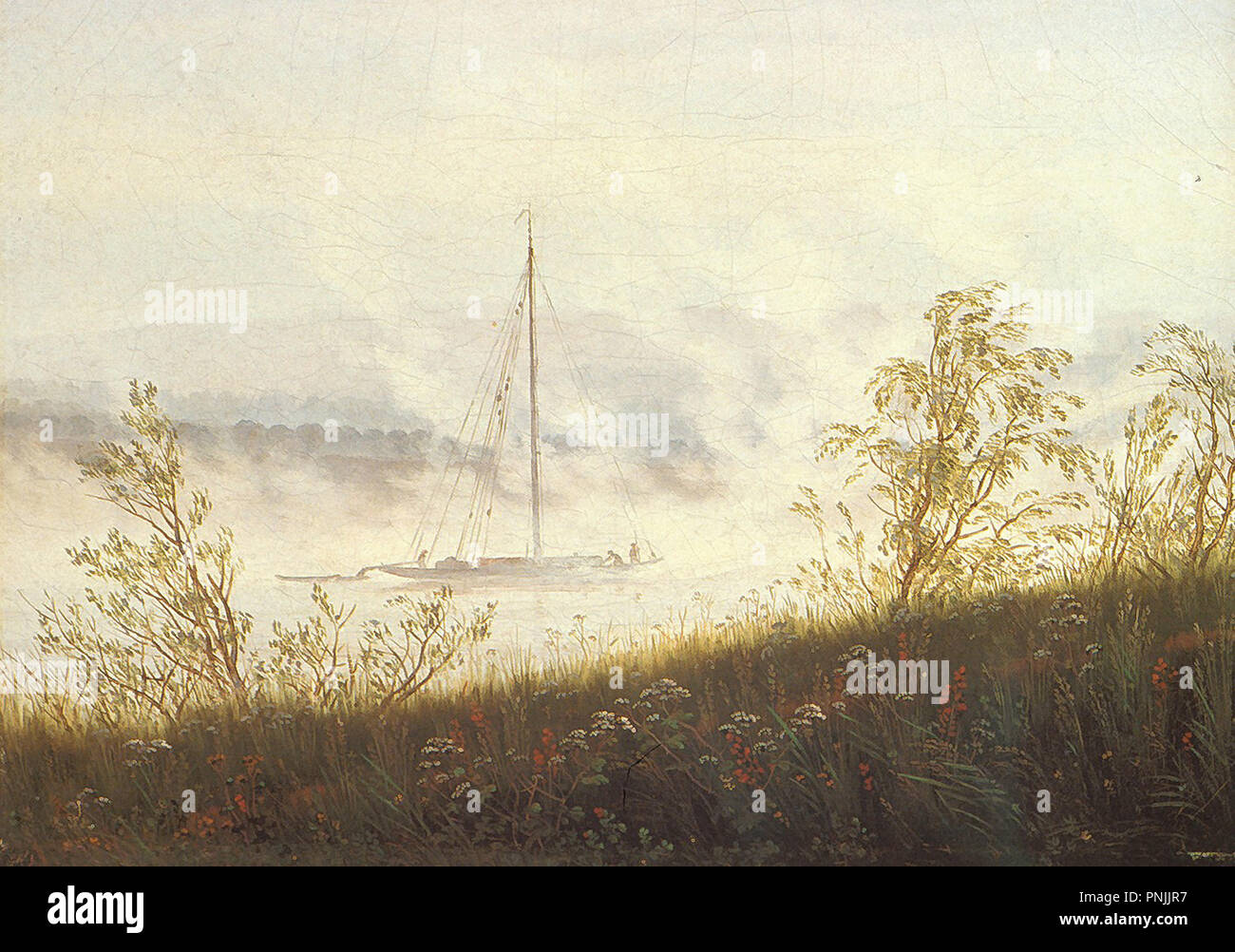 Caspar David Friedrich - Fluùdfufer im Nebel (Elbschiff im Früchnebel) Stockfoto
