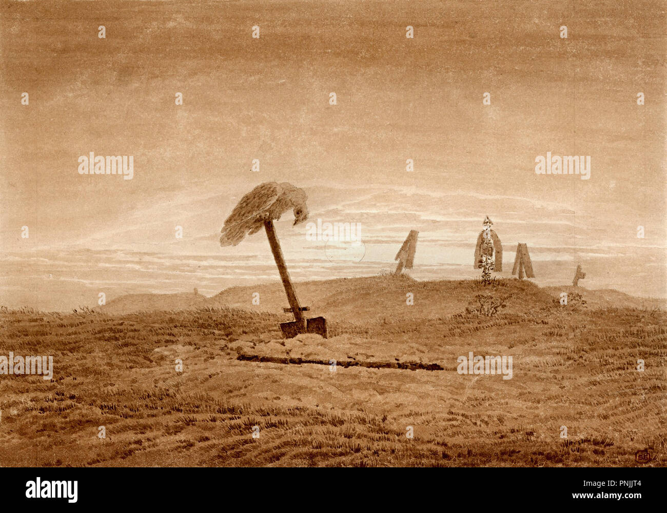 Friedrich Caspar David - Landschaft mit Gräbern Stockfoto