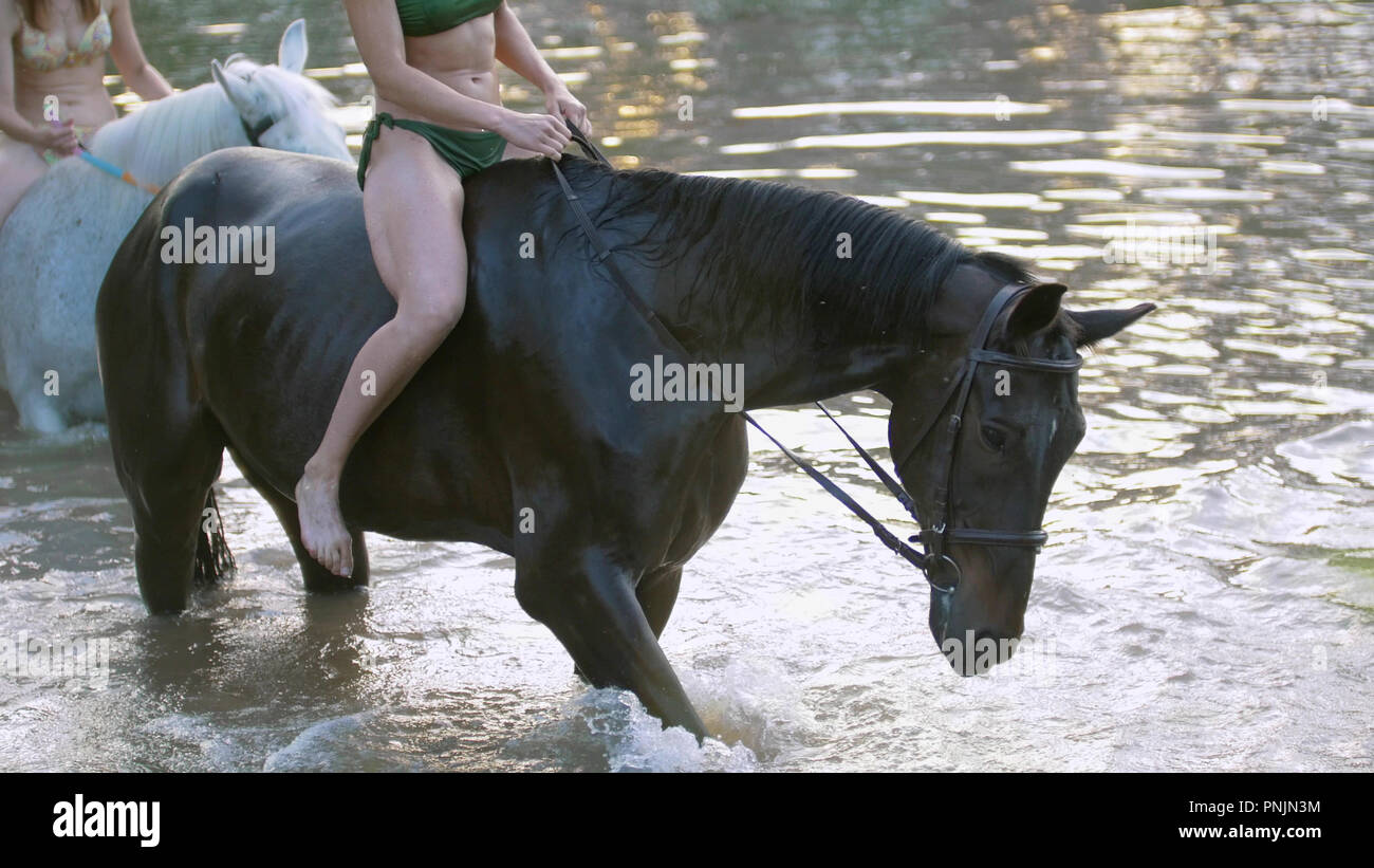Bikini bekleidet Mädchen in Fluss ein Pferd reiten kommt Stockfotografie Alamy
