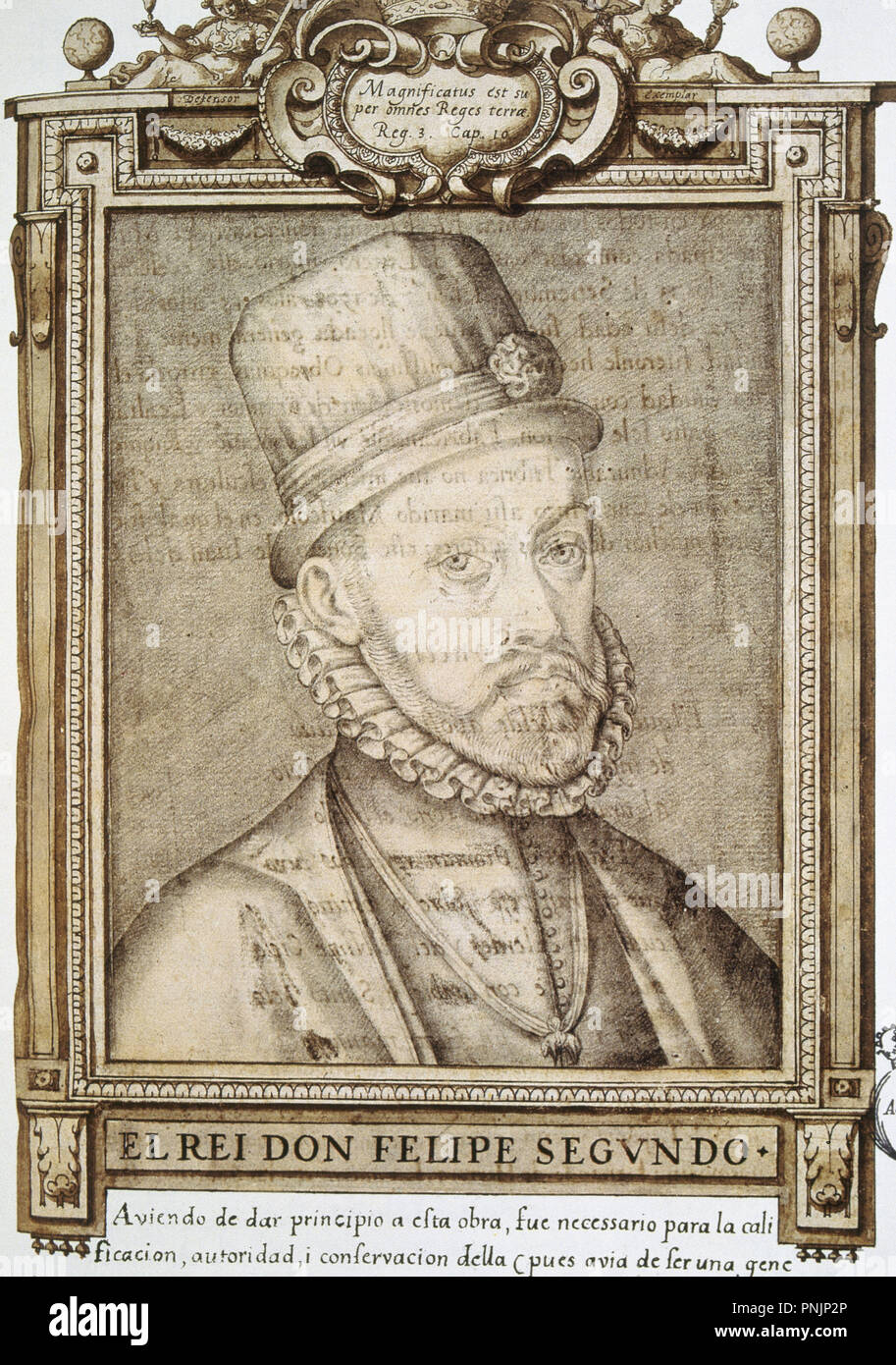 FELIPE II (Valladolid, 1527 - El Escorial, 1598). Rey de España (1556-98), uno de los monarcas más importantes de La Casa de Austria, hijo de Carlos I y de la emperatriz Isabel, infantin Portuguesa. Dibujo del Monarca, realizado por Francisco Pacheco. Museo Lázaro Galdiano. Madrid. España. Stockfoto