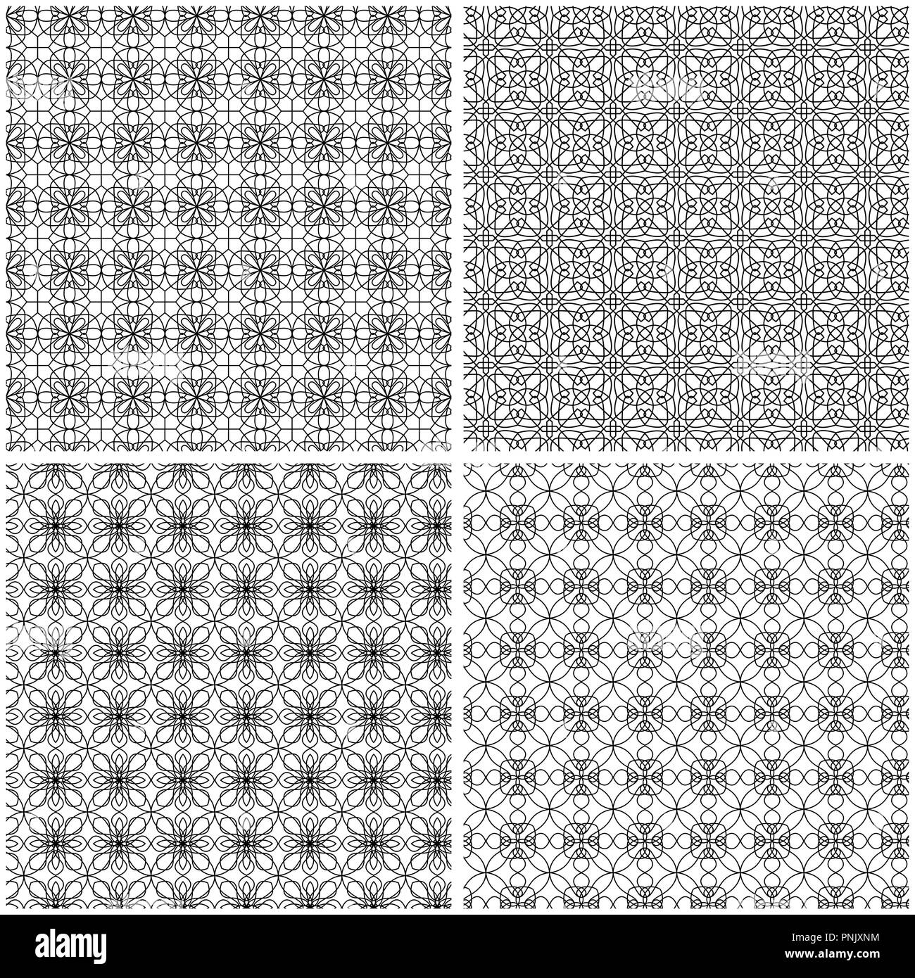 Vier nahtlose mesh Muster in einer Datei mit verschiedenen Kombinationen von interlacing Linien gesammelt, schwarze und weiße Vektor hand Zeichnung Abbildung Stock Vektor