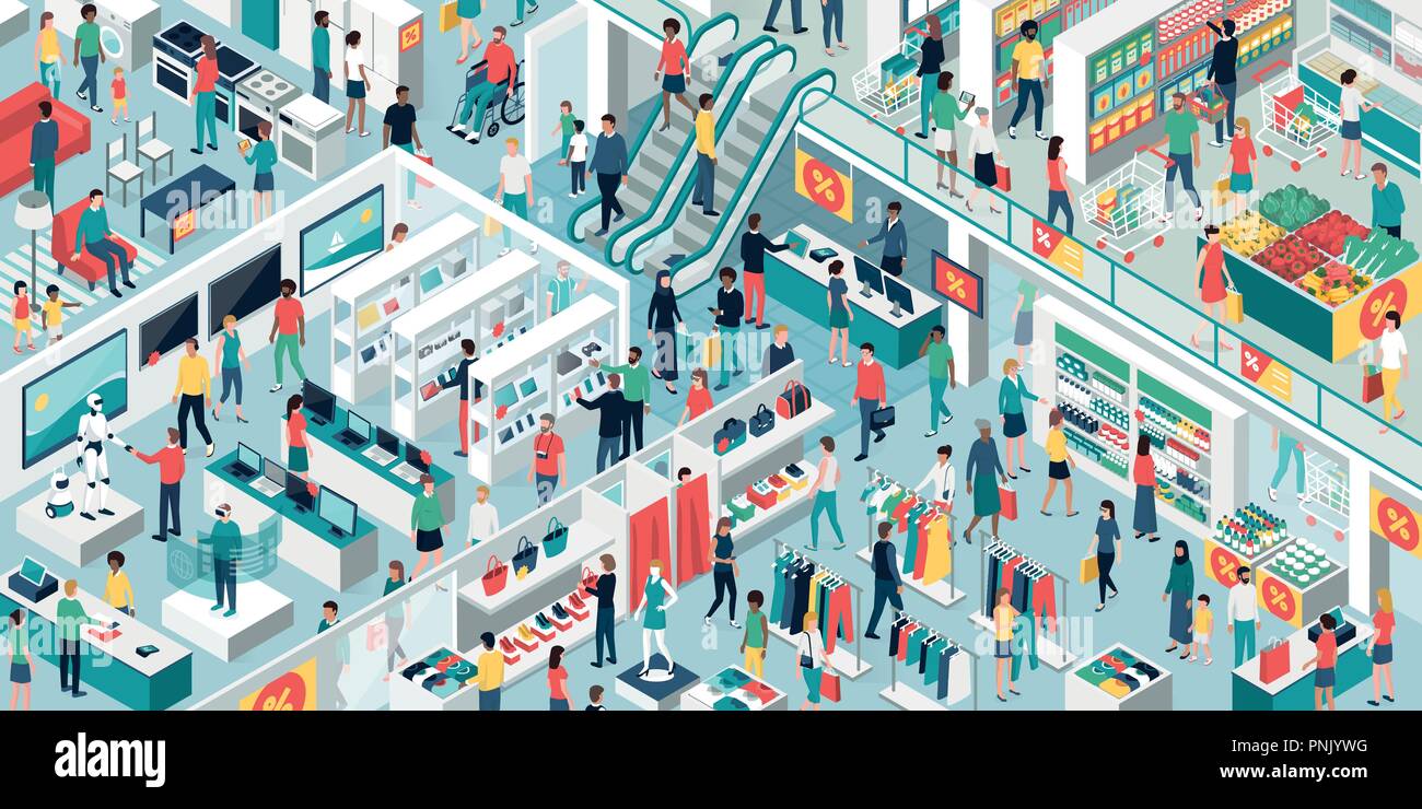 Glückliche Menschen zusammen das Shopping in der Shopping Mall und Ausverkauf: Elektronik, Bekleidung, Heimtextilien und Lebensmittelgeschäft Stock Vektor