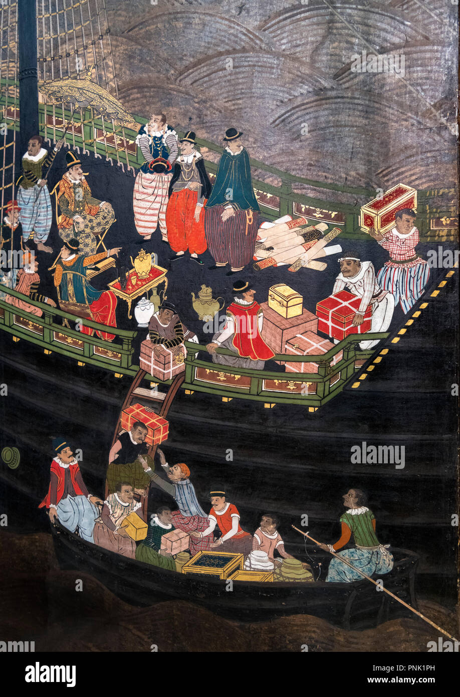 Japanische Namban-zugeschrieben, Kano Domi, Tempera auf Papier, Blattgold, Seide, Lack und Metall, 1593-1602 (momoyama Periode). Stockfoto
