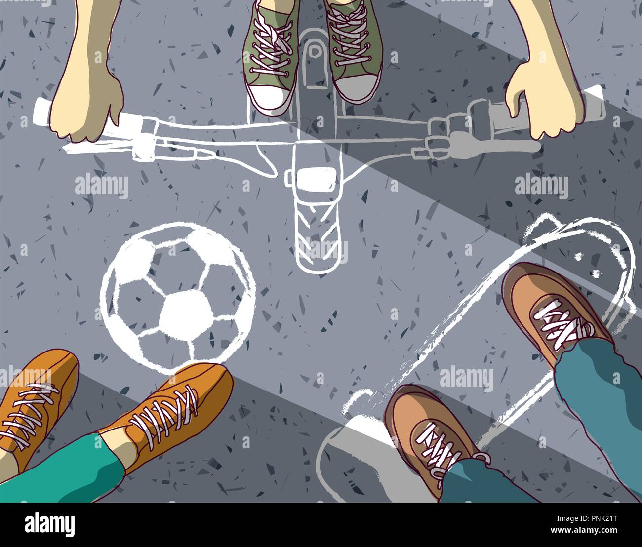 Gruppe Teenager auf Asphalt Kreide bemalt verschiedene Street Sport. Farbe Vector Illustration. EPS8 Stock Vektor