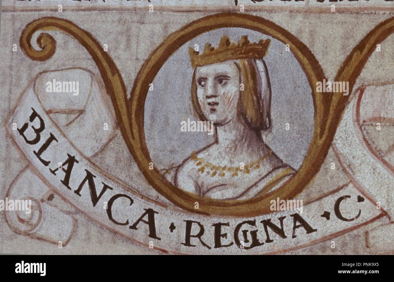 GENEALOGIA DE LOS REYES DE ESPAÑA - REINA BLANCA DE CASTILLA - (KONJ) 99483 - MINIATURA DEL S XVI. Thema: CARTAGENA ALONSO DE. Lage: Biblioteca Nacional - coleccion. MADRID. Spanien. Stockfoto