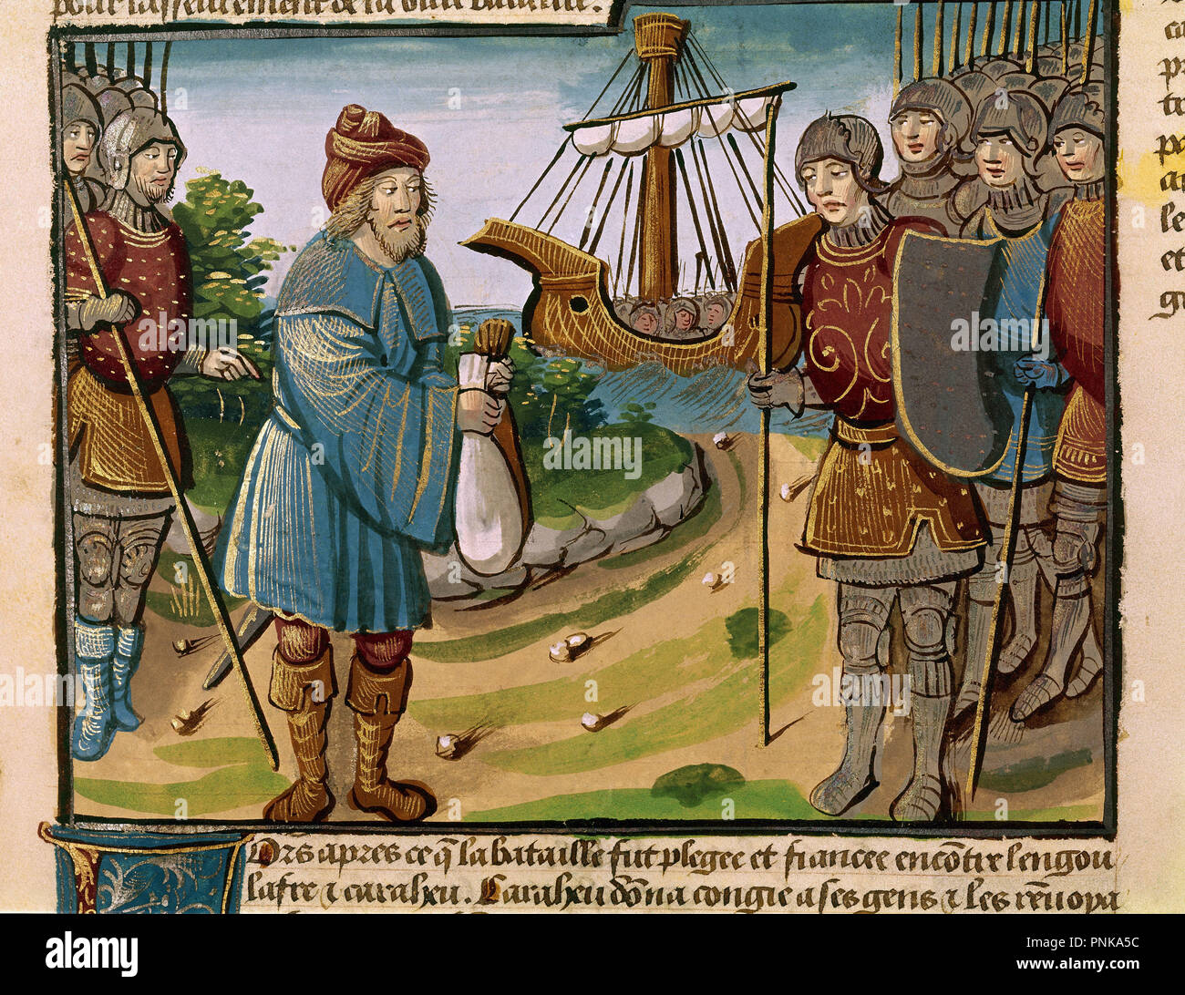 COMERCIANTE JUNTO A UN SOLDADO DEL EJERCITO DE CARLOMAGNO - LIBRO DE HORAS - SIGLOS XV/XVI. Autor: VERARD, Antoine. Lage: National Library. Frankreich. Stockfoto