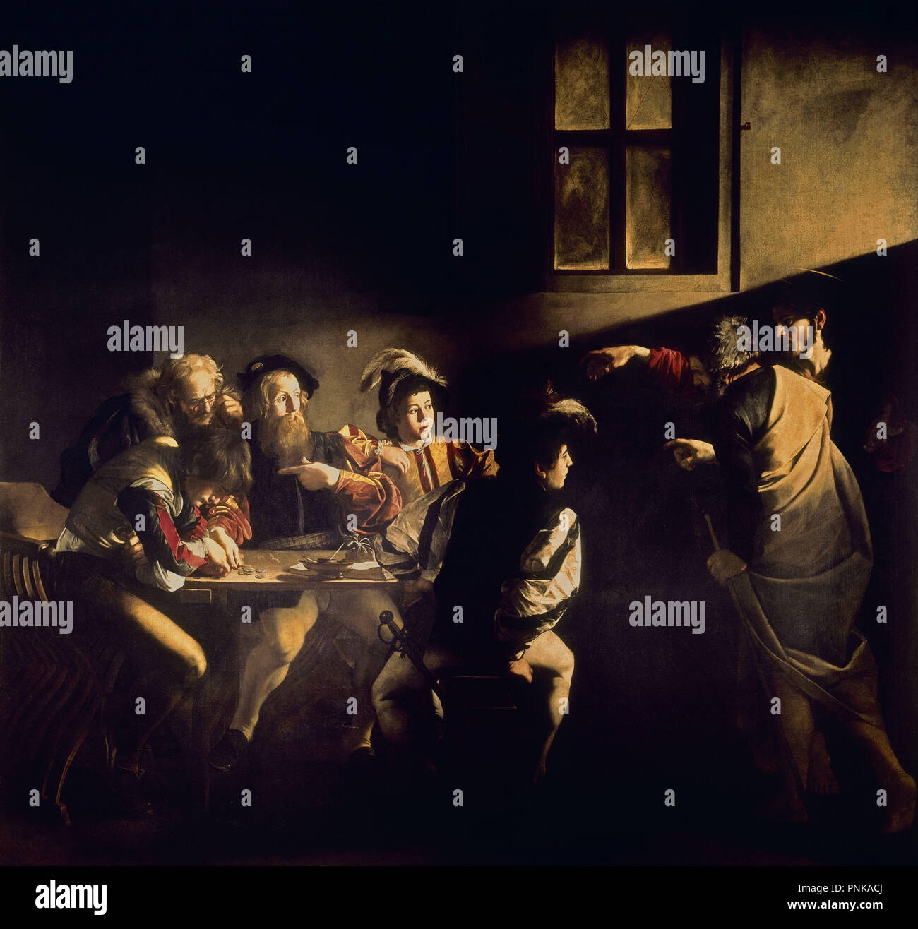 Die Berufung des Hl. Matthäus - 1598/1601 - 322 x 340 cm - Öl auf Leinwand - italienischen Barock. Autor: caravaggio. Lage: IGLESIA DE SAN LUIS DE LOS FRANCESES. Rom. ITALIA. Stockfoto