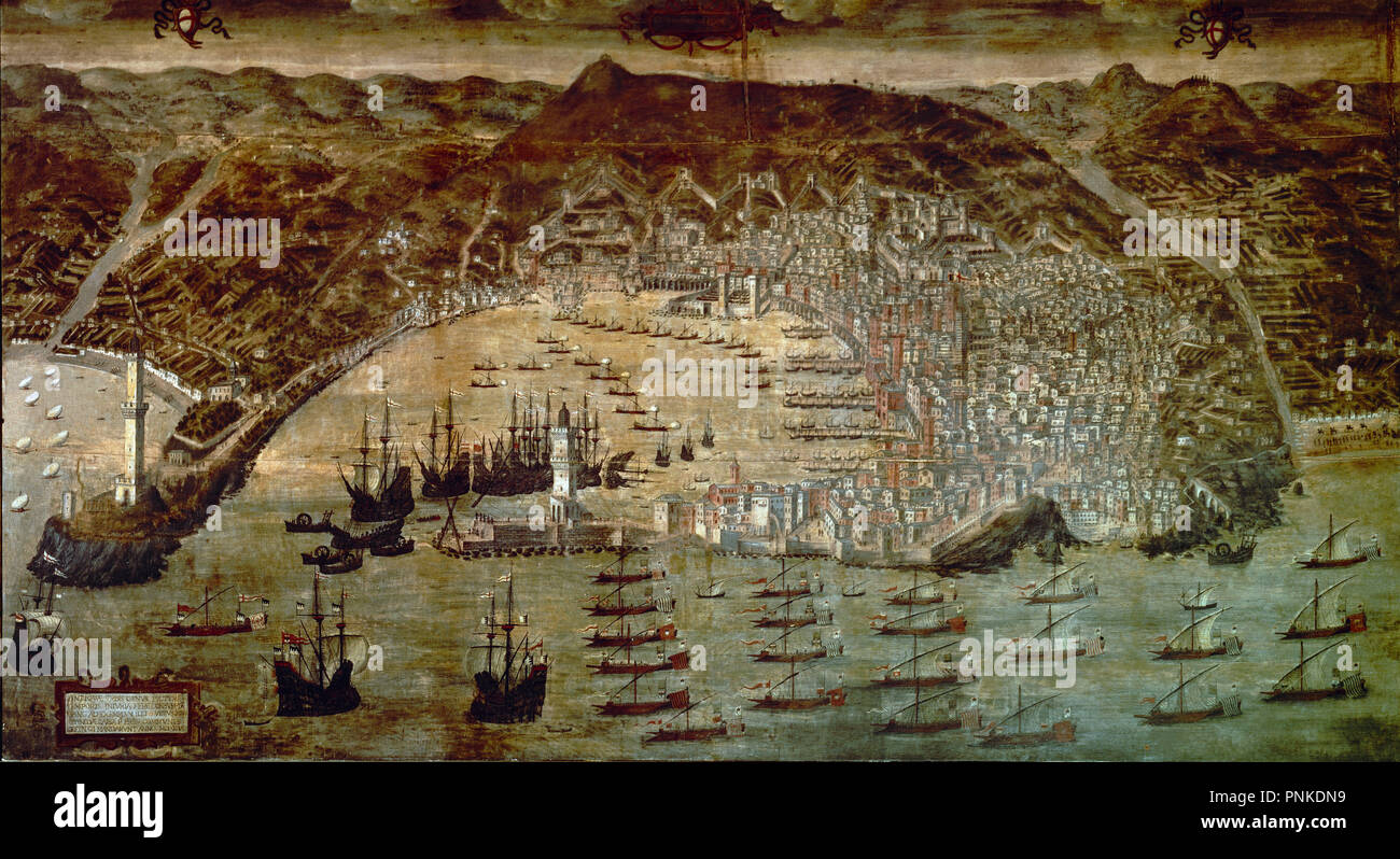 Blick auf Genua in 1481 - 1597 - Öl auf Leinwand. Autor: GRASSI CRISTOFORO. Lage: MUSEO DEL MARE. ITALIA. Stockfoto