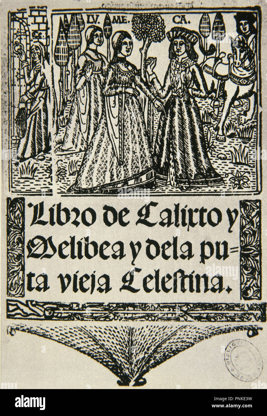 PORTADA DE LA CELESTINA SEVILLA 1502. Autor: FERNANDO DE ROJAS. Stockfoto