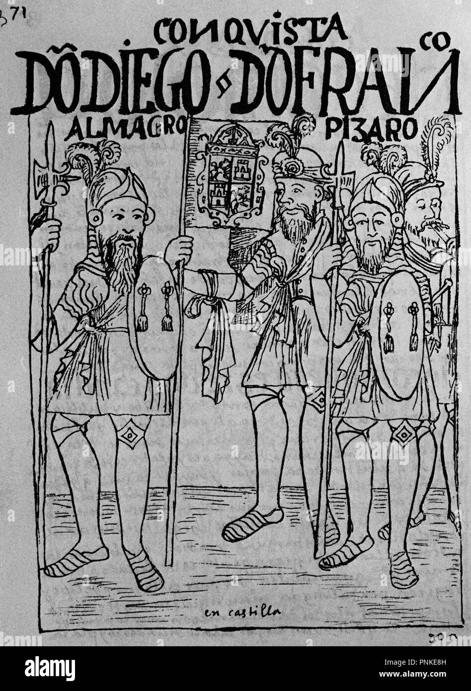 Peruanische Codex. "Nueva Cronica y Buen Regierung'. Die Eroberung Perus von Diego Almagro und Francisco Pizarro. Madrid, National Library. Thema: FELIPE HUAMAN POMA DE AYALA. Lage: Biblioteca Nacional - coleccion. MADRID. Spanien. Stockfoto