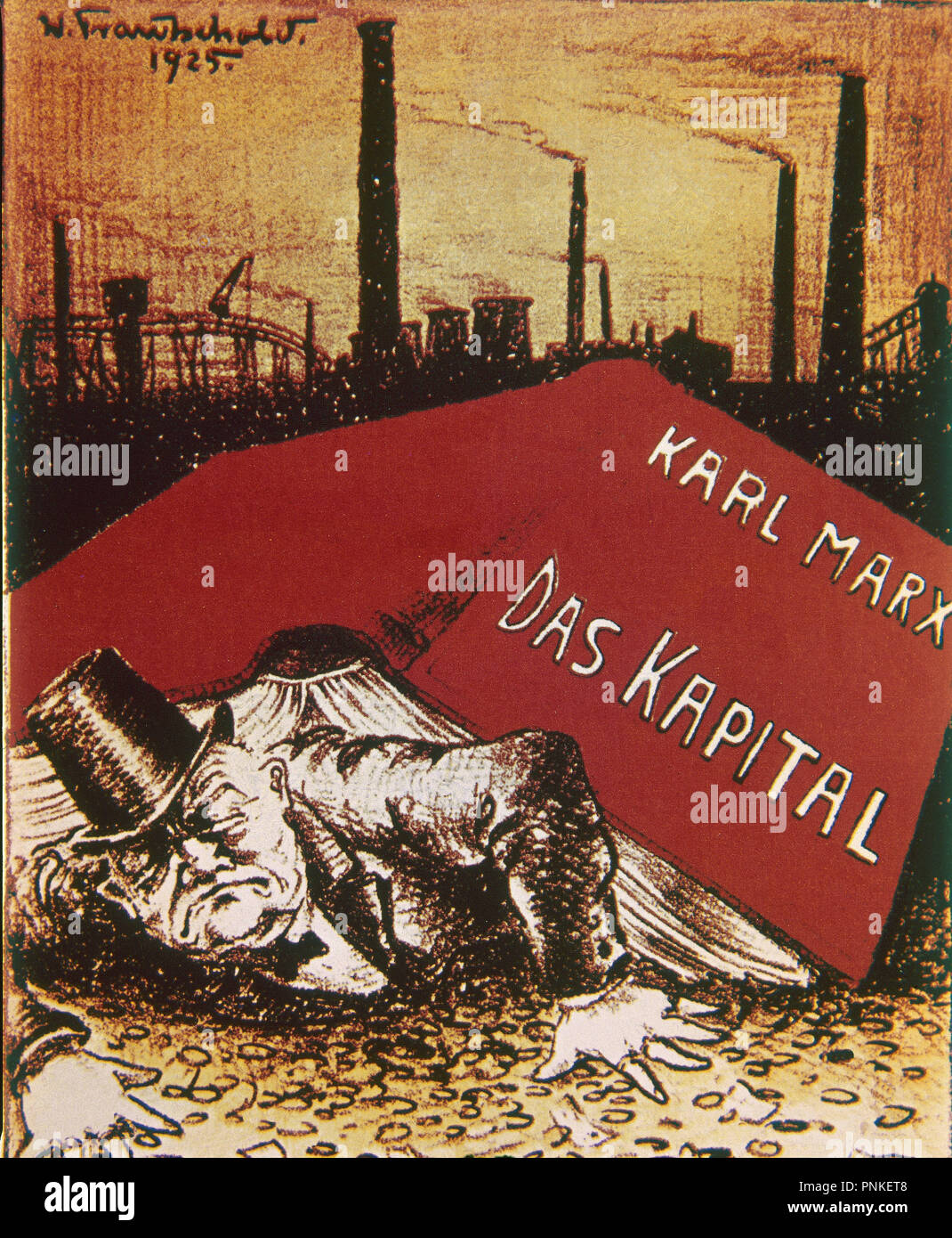 Allegorie Poster: Kapitalismus ist unter Marxismus zusammengebrochen ist. Ein Banker liegt unter Karl Marx' "Das Kapital". Stockfoto