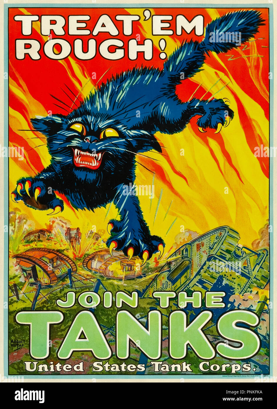 "Behandeln" EM ROUGH! Melden SIE DIE TANKS "Weltkrieg ich Rekrutierung Plakat für die Vereinigten Staaten Tank Corps, Illustration von August "Gus" William Hutaf (1874-1942). Stockfoto