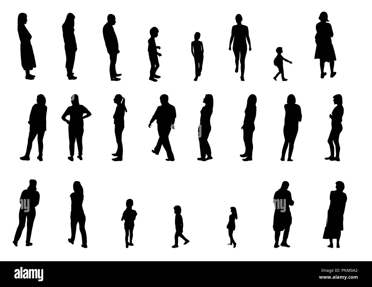 Einstellen der Schwarzen und Weißen Silhouette wandern Menschen und Kinder. Vector Illustration Stock Vektor