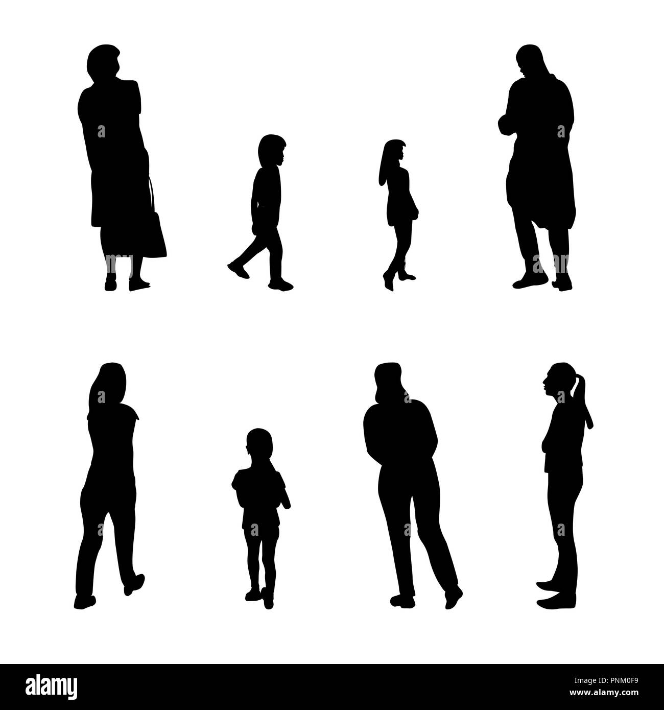 Einstellen der Schwarzen und Weißen Silhouette wandern Menschen und Kinder. Vector Illustration Stock Vektor