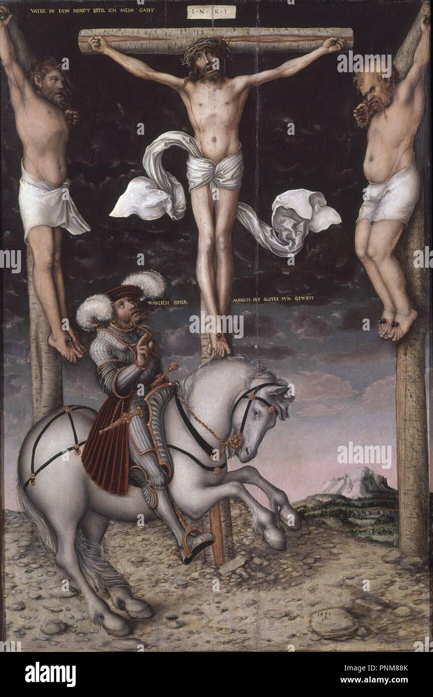 EL CALVARIO - 1538 - RENACIMIENTO ALEMAN. Autor: Cranach d.Ä., Lucas. Lage: das Museo DE BELLAS ARTES - CONVENTO DE LA MERCED CALZAD. Sevilla. Sevilla. Spanien. Stockfoto