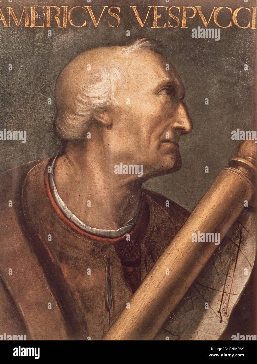 AMERICO VESPUCIO (1454-1512) - NAVEGANTE ITALIANO AL SERVICIO DE LA CORONA DE CASTILLA - RENACIMIENTO ITALIANO. Autor: ALTISSIMO CRISTOFANO DELL. Ort: GALERIA DE LOS UFFIZI. Florenz. ITALIA. Stockfoto