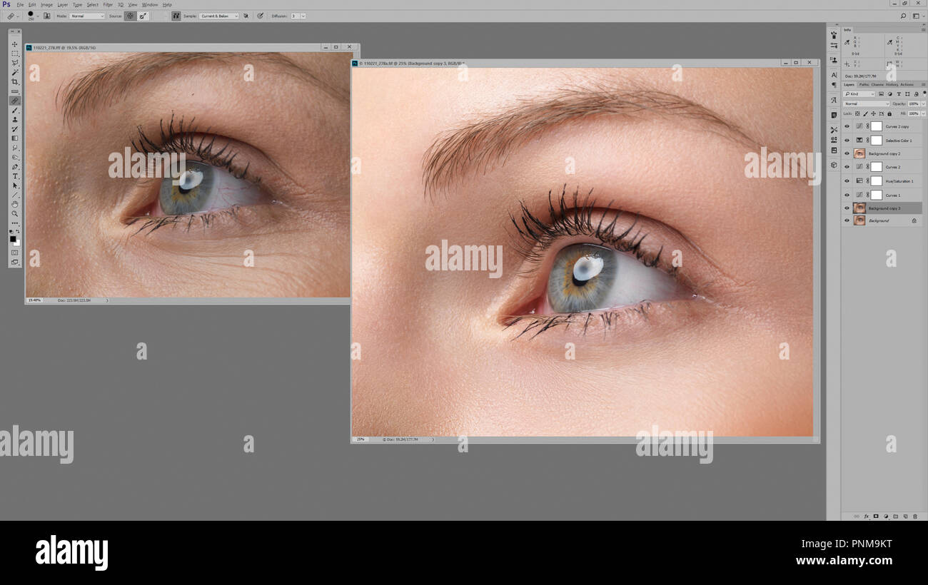 Womans eye original Foto und eine mit Knicken und Unvollkommenheiten in Photoshop Bildbearbeitung Software auf dem Computer Bildschirm entfernt retuschiert. Vor und Stockfoto