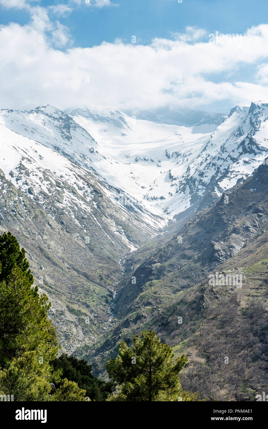 Sierra Nevada, verschneite Berge mit Wolken in Granada, Andalusien, Spanien Stockfoto