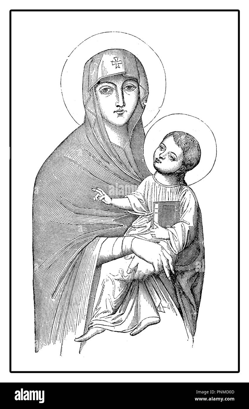 Heilige Mutter mit Jesus Kind, vintage Gravur Stockfoto