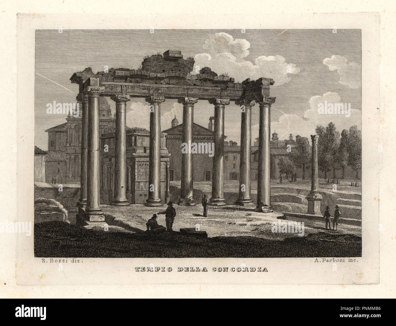 Blick auf den Tempel von Concord, Tempio della Concordia, Rom. Kupferstich von A. Parboni nach einer Illustration von sylvestro Bossi von Achille Parboni's Neue Sammlung der wichtigsten Views Antike und Moderne der Stadt Rom, 1830. Stockfoto